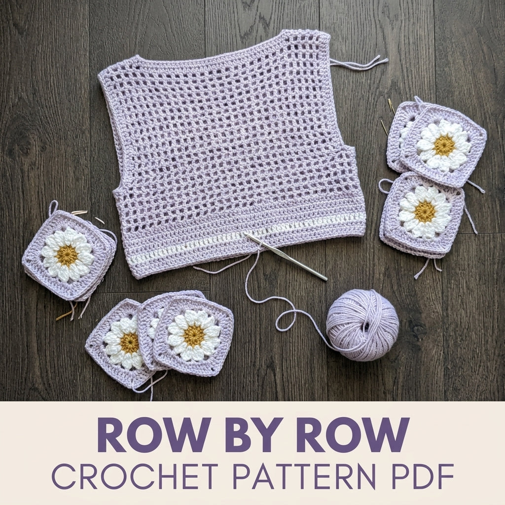 Bell Sleeve Top Crochet Pattern PDF – Lilac Mesh Crop Top with Daisy Squares