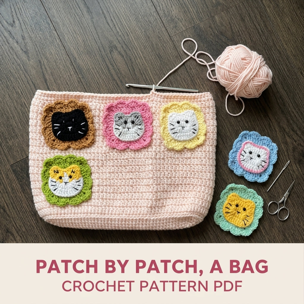 Kitty Patch Tote Bag Crochet Pattern PDF – Cat Face Shoulder Bag with Flower Frames