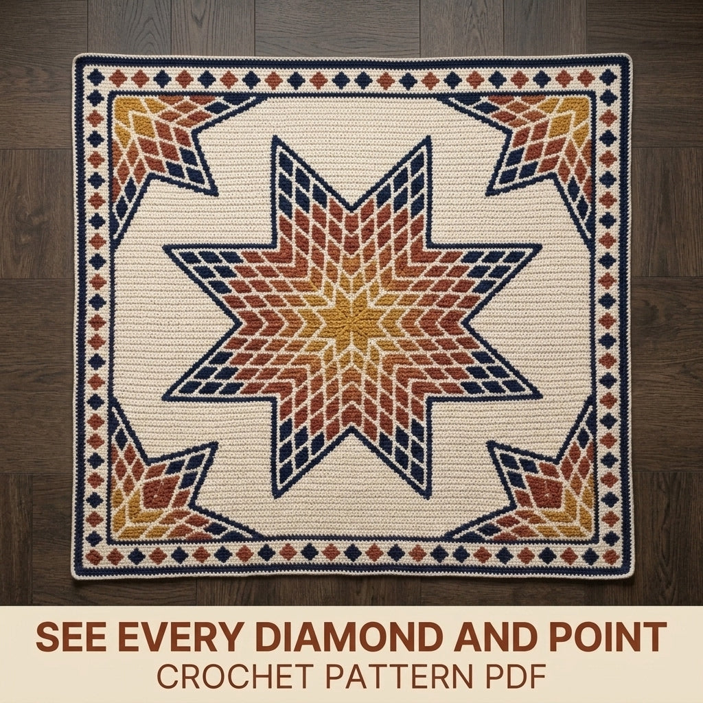 Lone Star Tapestry Crochet Blanket Pattern PDF – Quilt-Inspired Star Throw in Mustard, Rust and Navy