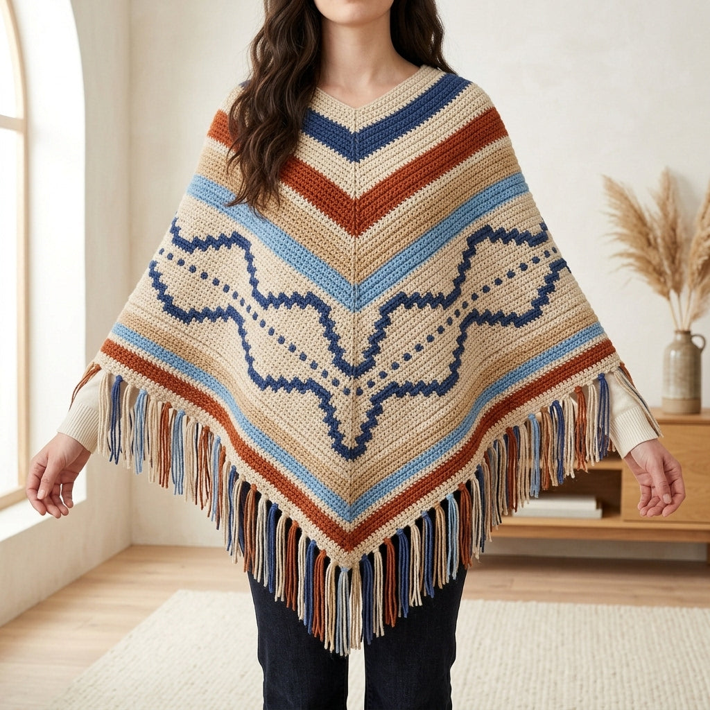 Desert Wave Poncho Crochet Pattern PDF – Boho Fringe Poncho with Mosaic Colourwork Band