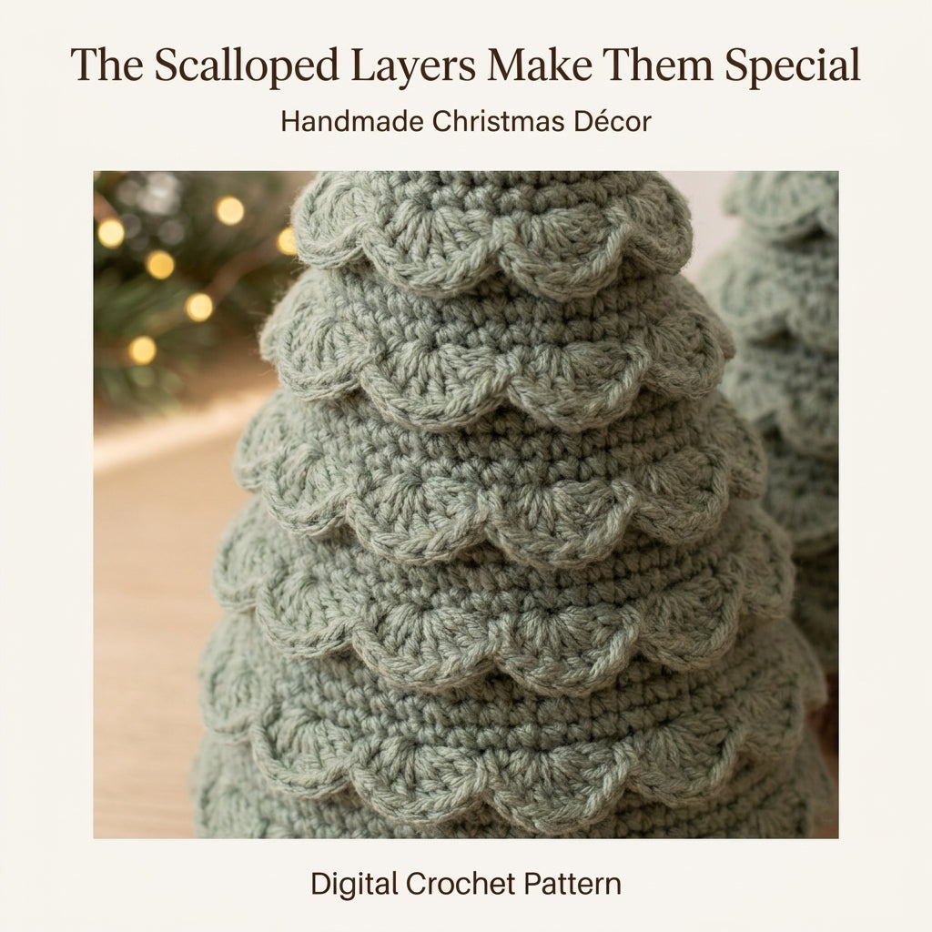 Crochet Christmas Tree Pattern – 3 Sizes, Scalloped Tabletop Trees