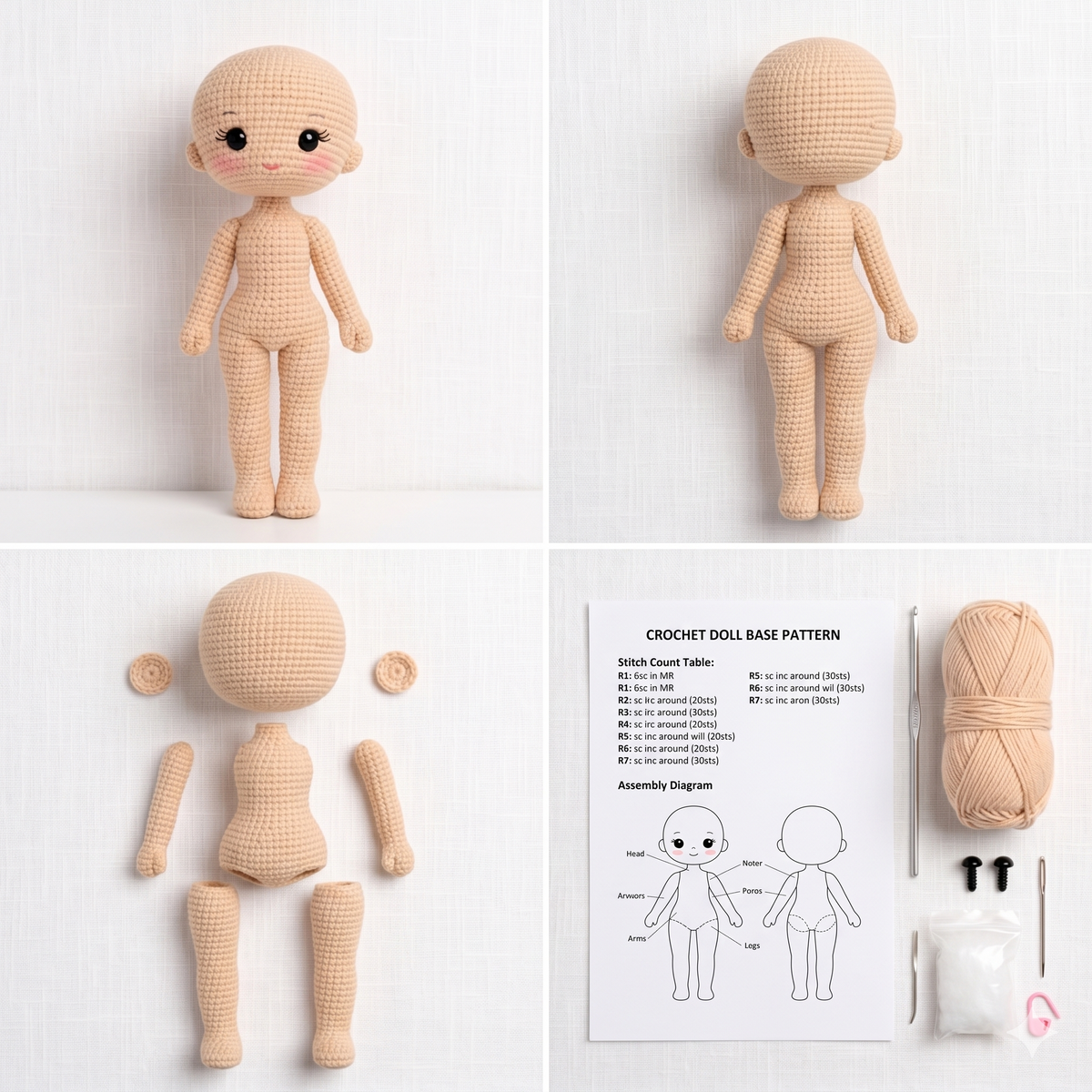 Amigurumi Crochet Doll Body Base Pattern | 10 Inch Girl Doll (PDF)