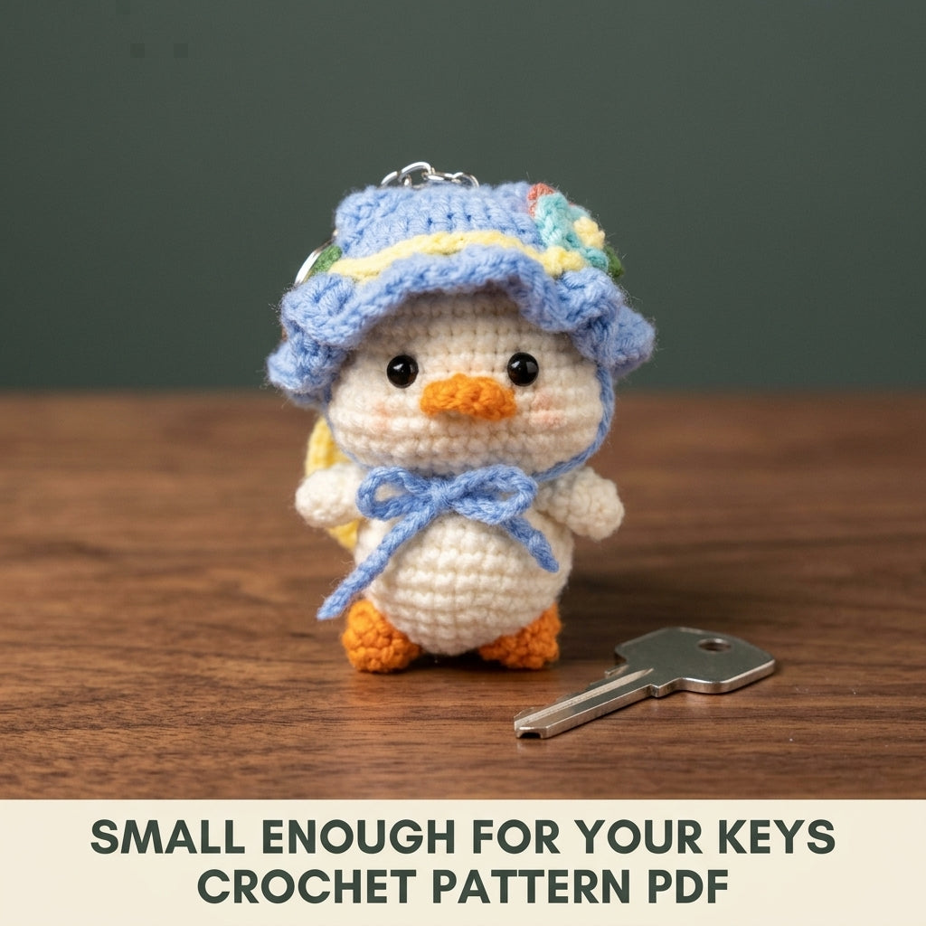 Duck Keychain Crochet Pattern PDF – Amigurumi Duckling in Ruffled Bucket Hat, Cute Bag Charm Pattern