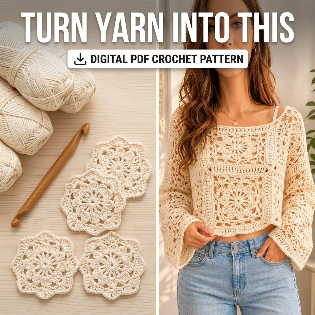 Granny Square Crop Top Crochet Pattern — Boho Lace Top with Bell Sleeves, Sizes XS–3XL, US Terms, PDF Download