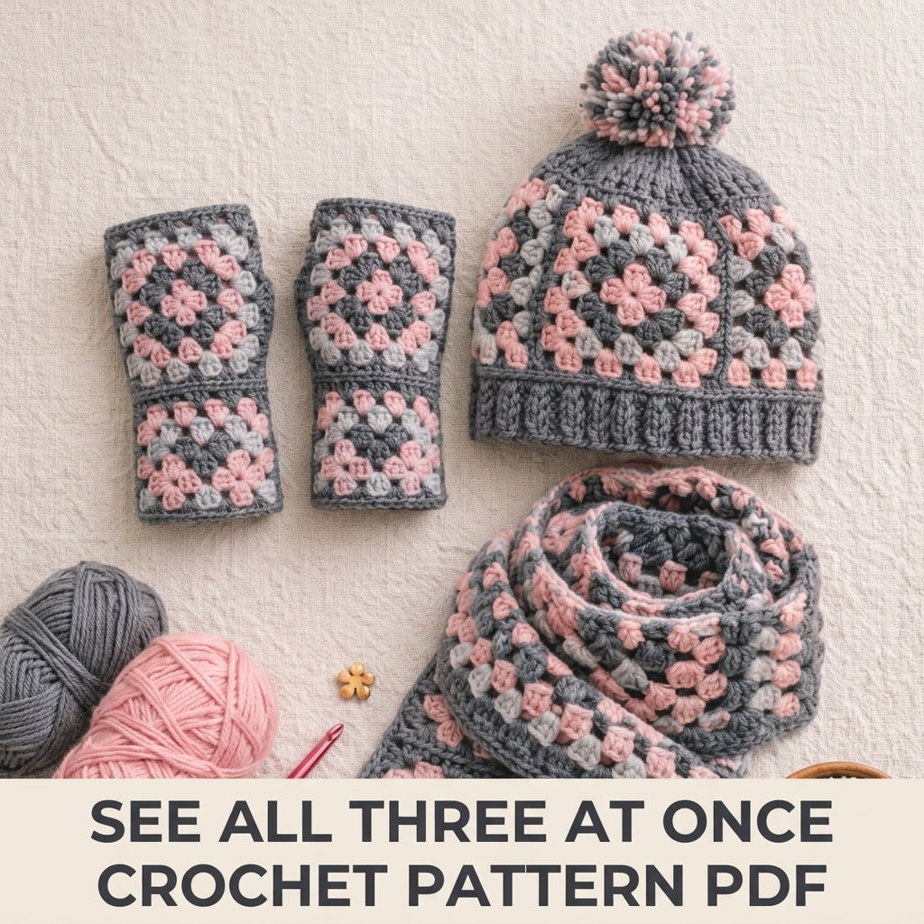 Granny Square Winter Set Crochet Pattern PDF – Beanie, Fingerless Gloves and Scarf