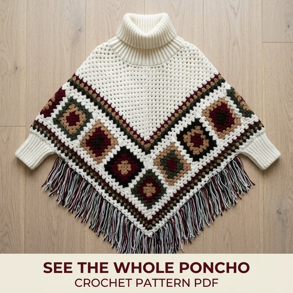 Turtleneck Granny Poncho Crochet Pattern PDF – Women's Poncho with Sleeves and Fringe