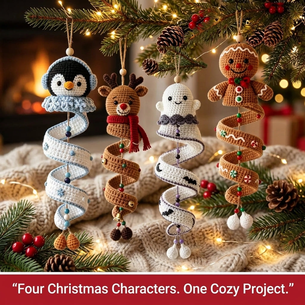 Spiral Christmas Ornament Crochet Pattern — Penguin, Reindeer, Ghost and Gingerbread Man, 4 Patterns in 1, US Terms, PDF Download