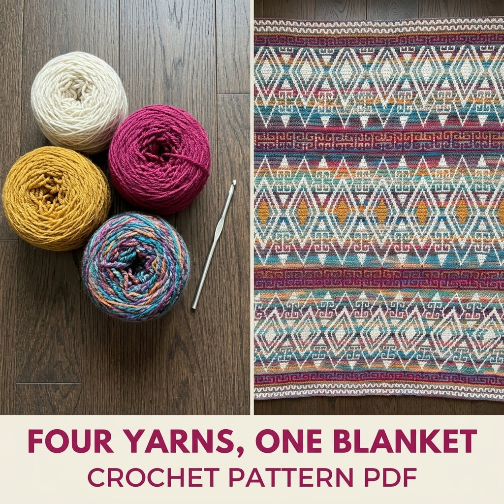 Variegated Mosaic Crochet Blanket Pattern PDF – Rainbow Band Throw with Greek Key