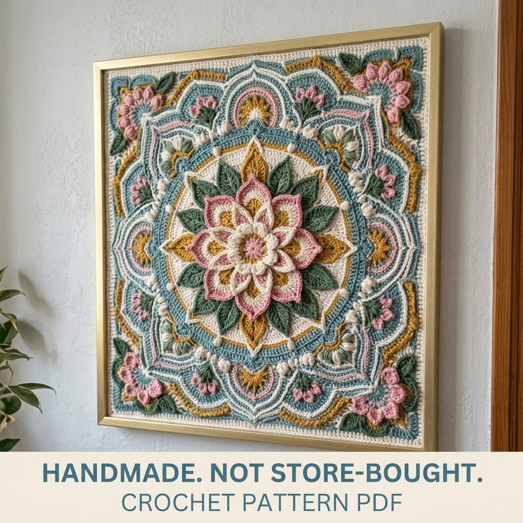 Framed Flower Mandala Square Crochet Pattern PDF – 3D Mandala Wall Art