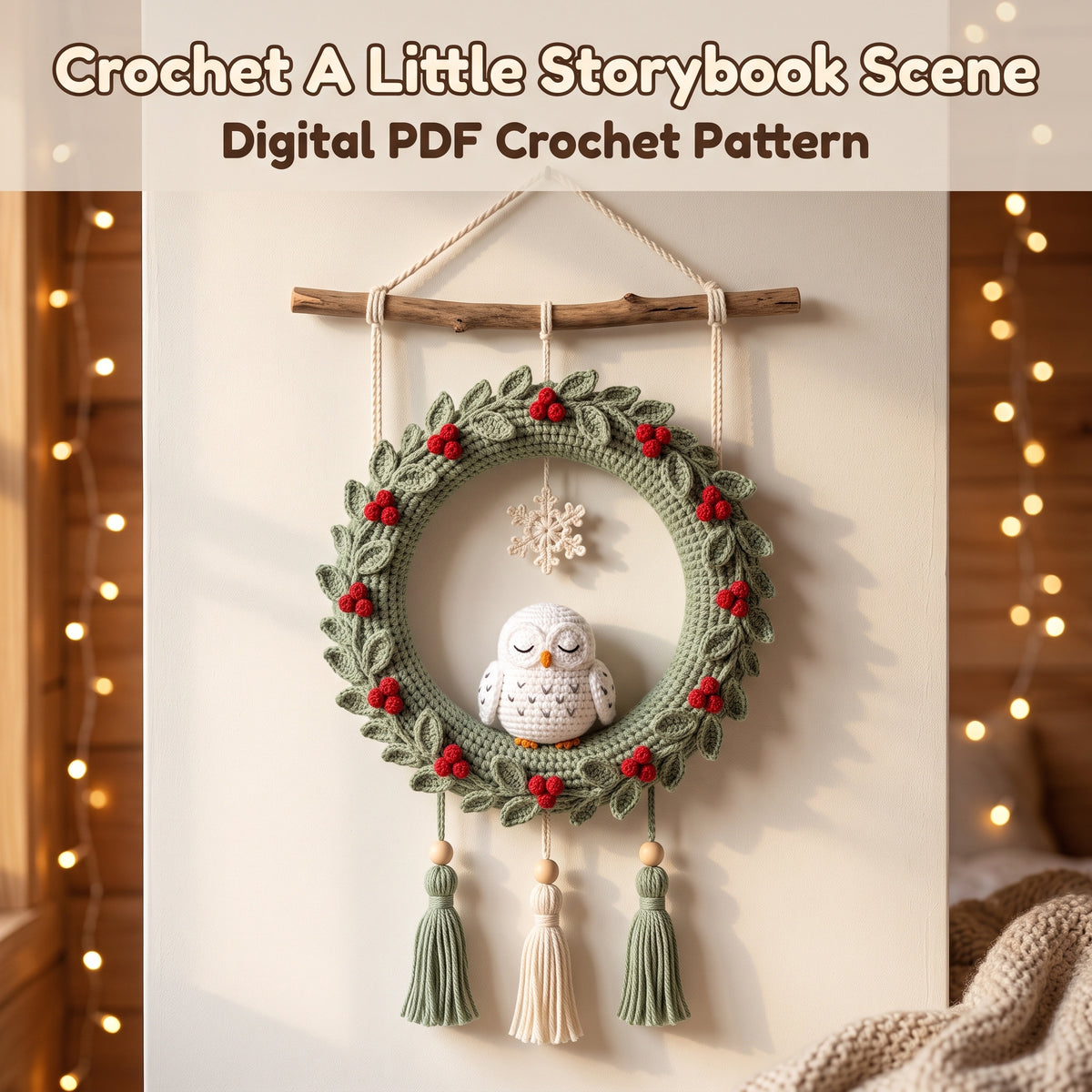 Crochet Wreath Wall Hanging Pattern – Sleeping Snowy Owl with Holly Berries