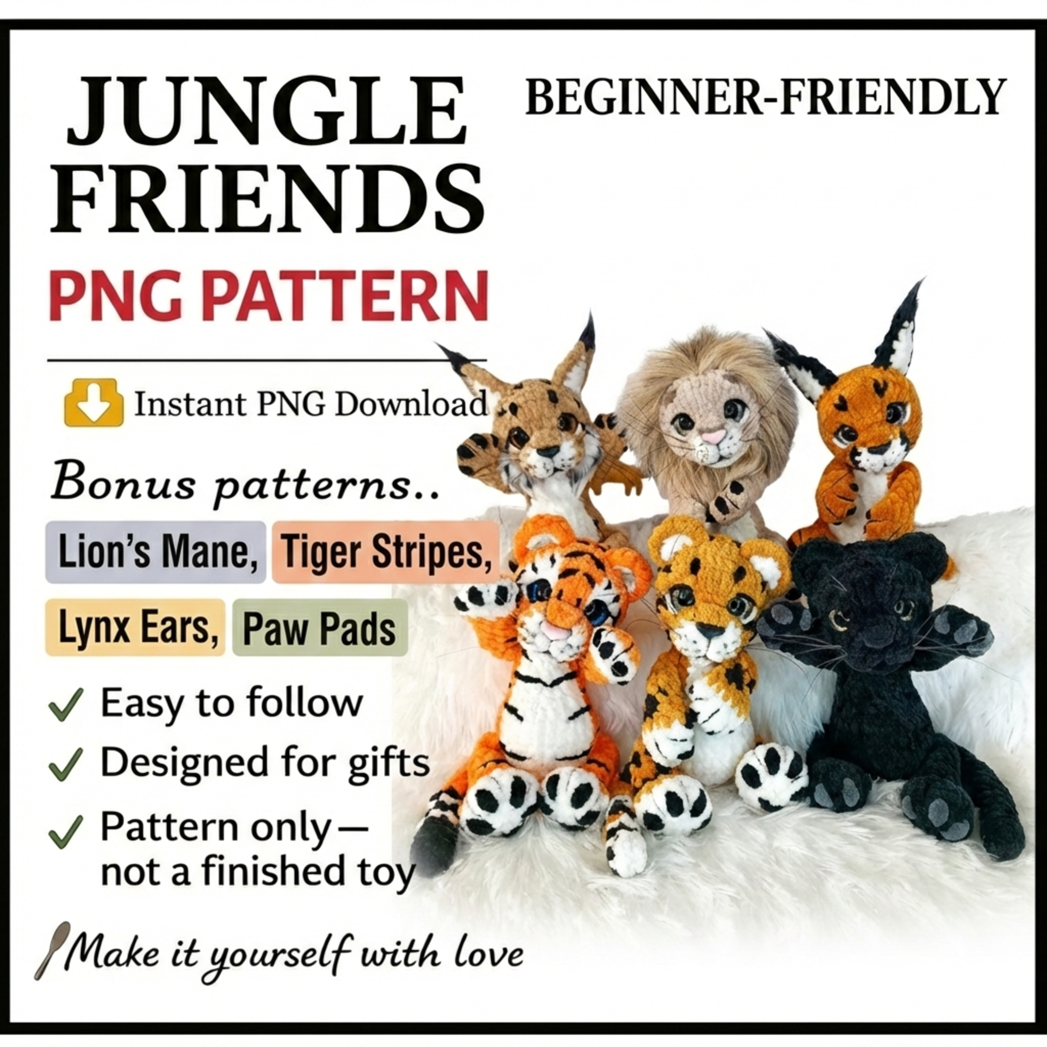 5in1 Little Ones –Wild Cats Crochet Pattern Bundle – Tiger, White Tiger, Panther, Lion, Leopard, Caracal & Lynx (PDF, US Terms)