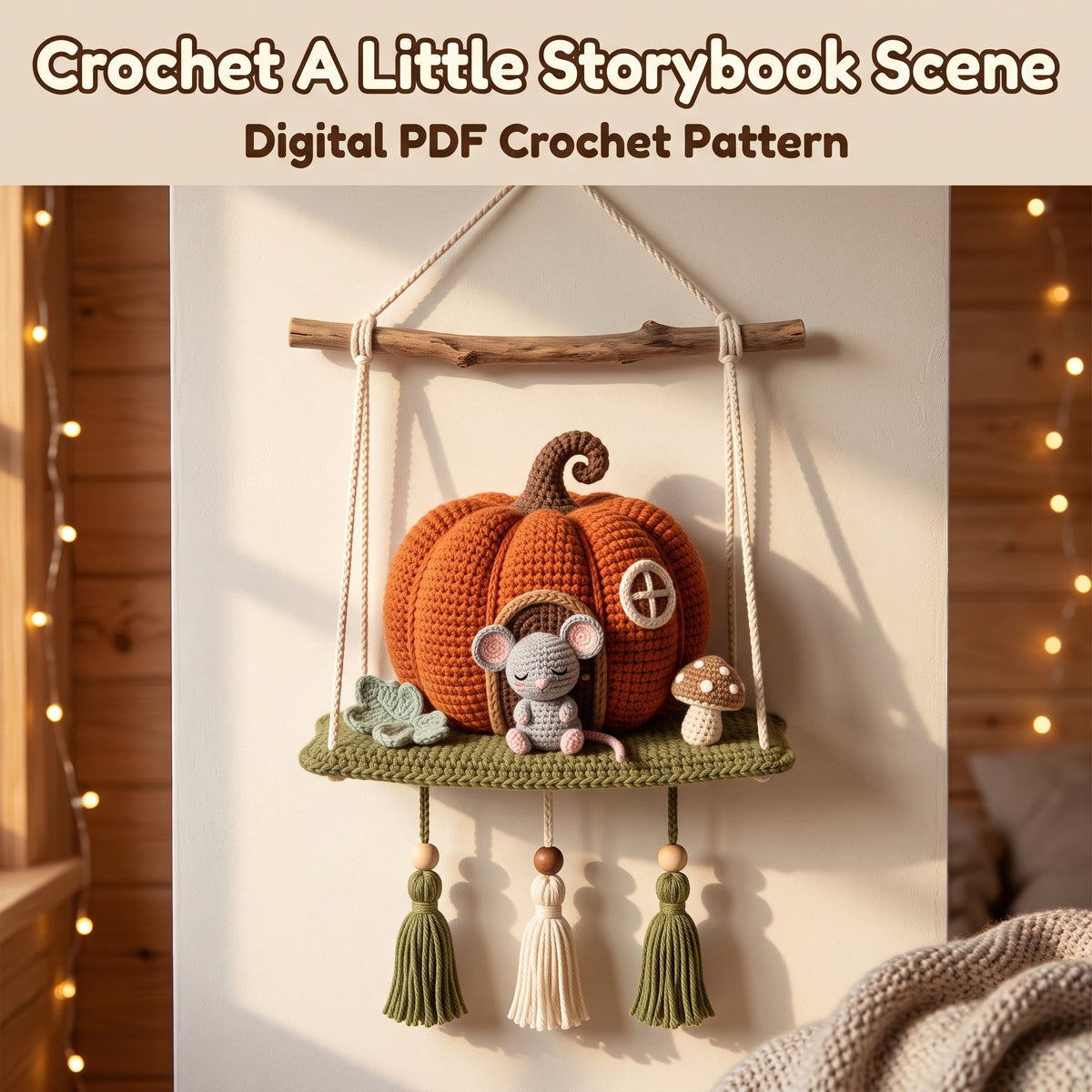 Crochet Pumpkin House Wall Hanging Pattern – Sleeping Mouse on a Mossy Shelf