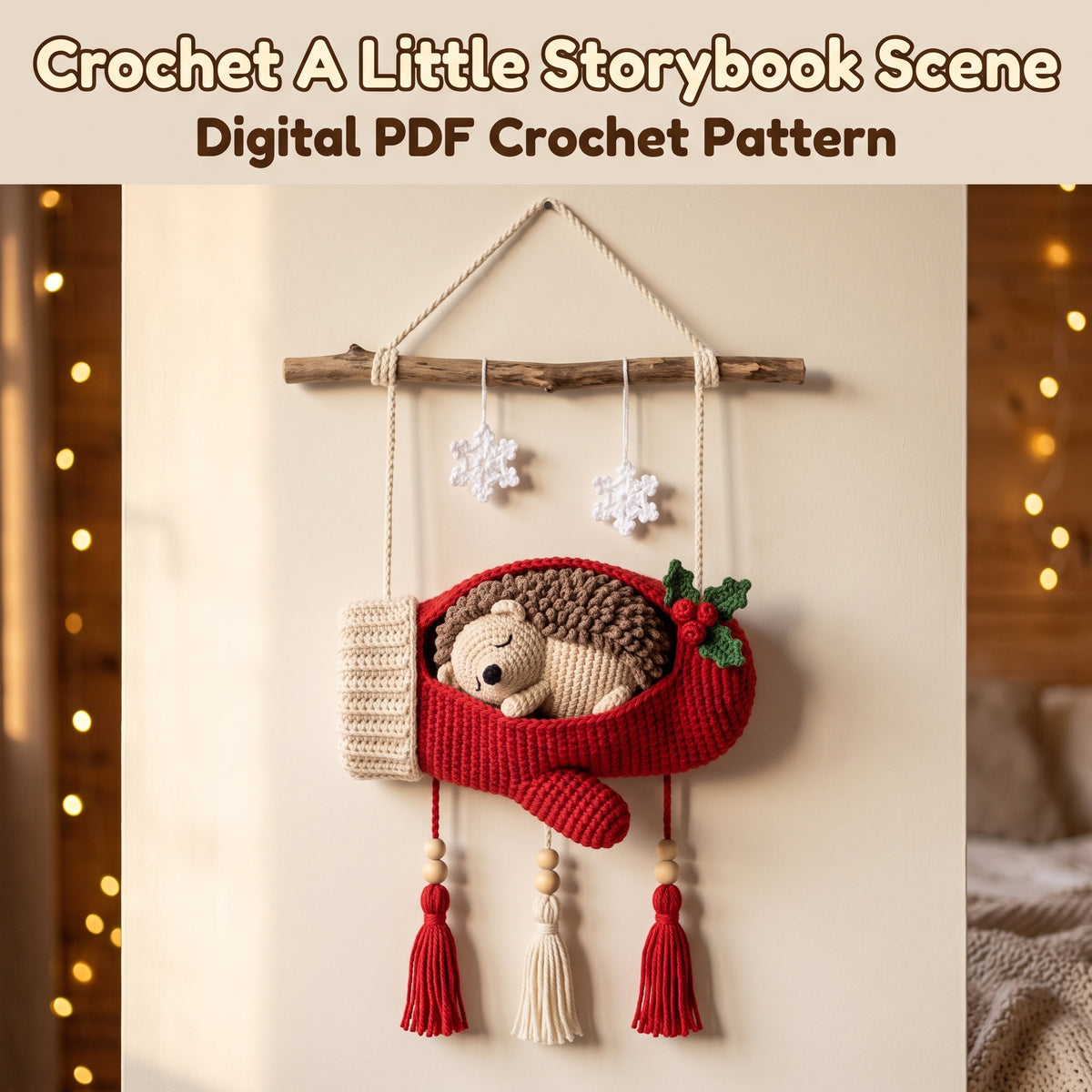 Crochet Mitten Wall Hanging Pattern – Sleeping Hedgehog in a Cozy Red Mitten