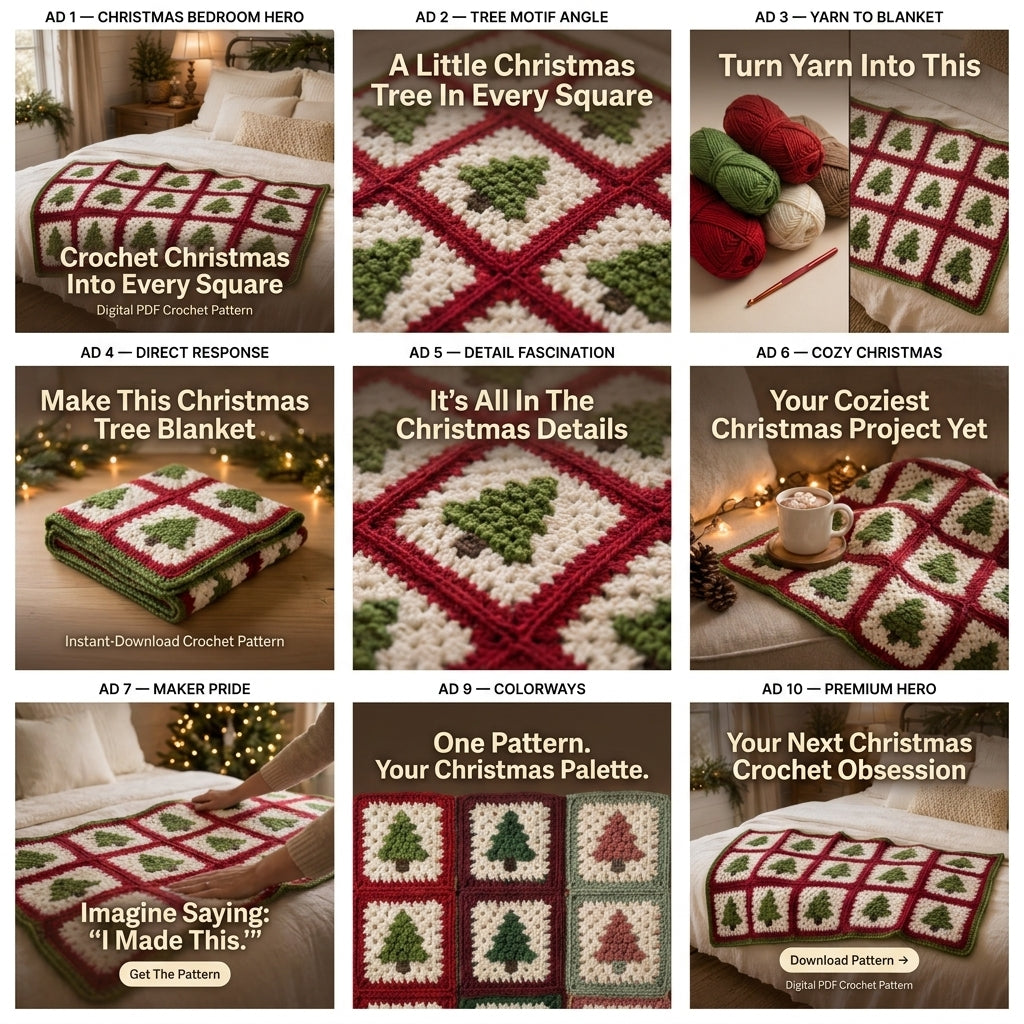 Christmas Tree Granny Square Blanket Crochet Pattern — Festive Throw in Red, Green and Cream, 4 Sizes, US Terms, PDF Download