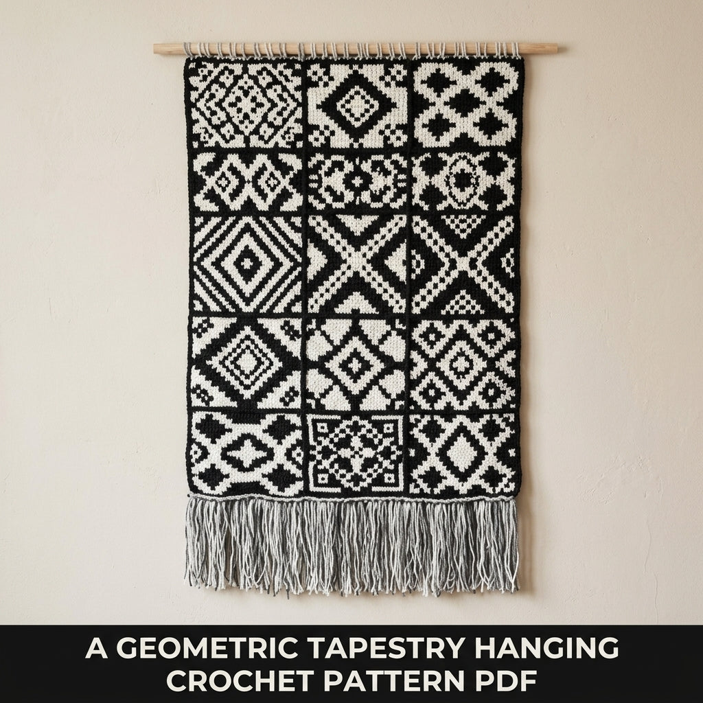 Geometric Tapestry Wall Hanging Crochet Pattern PDF – Black and White Wall Decor