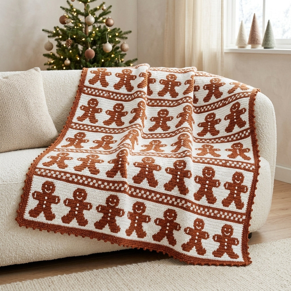Gingerbread Crochet Blanket Pattern PDF – Christmas Tapestry Crochet Throw in Ginger and White