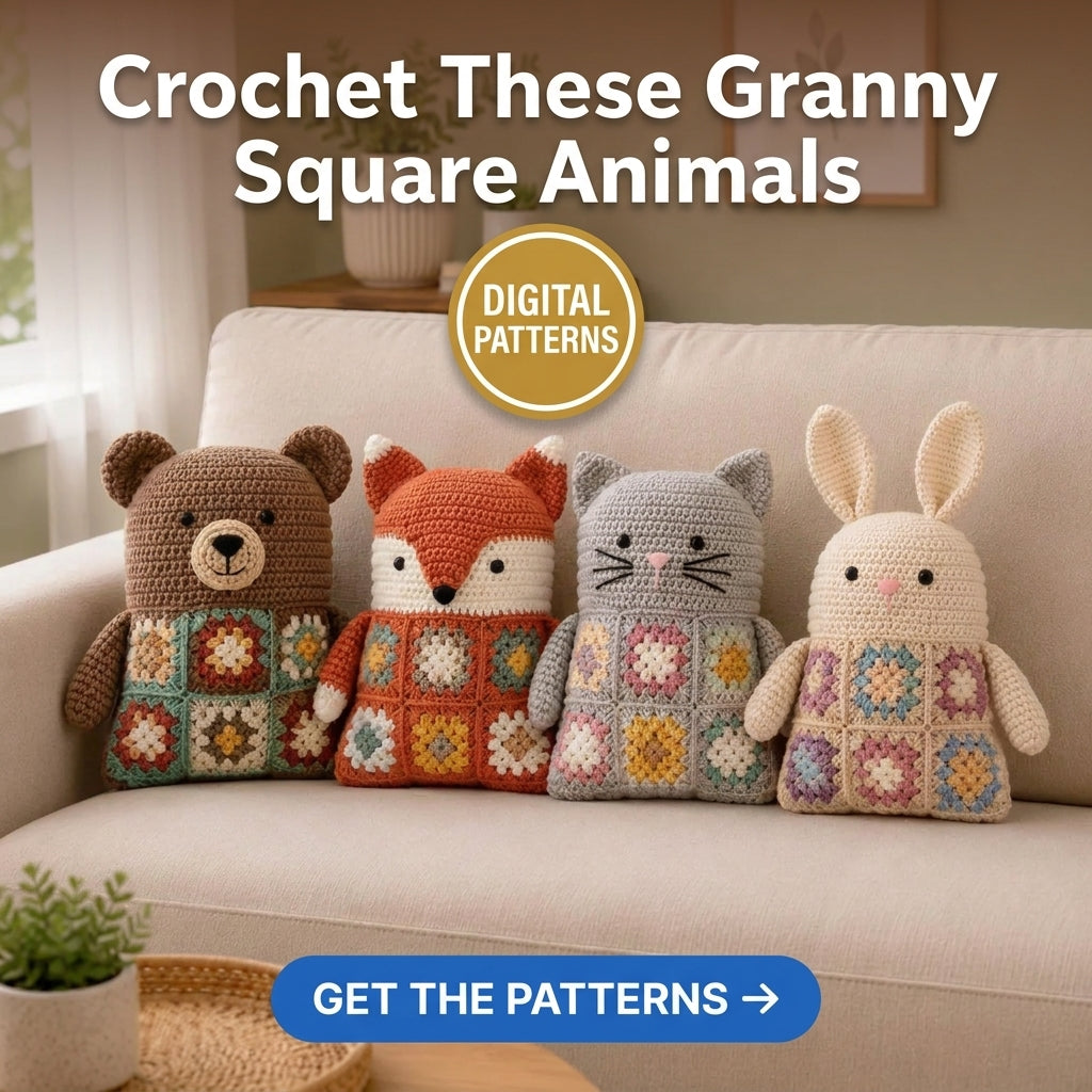 Granny Square Animal Cushion Crochet Pattern — Bear, Fox, Cat and Bunny, 4 Patterns in 1, US Terms, PDF Download