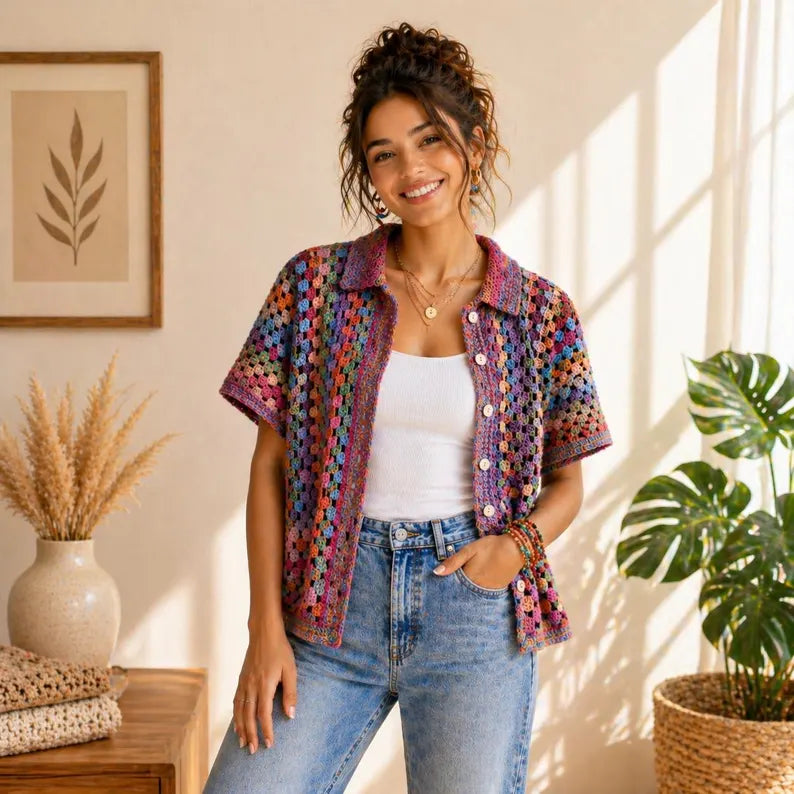 Crochet Granny Cabana Shirt Pattern, Colorful Button Up Crochet Top PDF, Boho Summer Cardigan Pattern, Granny Square Shirt