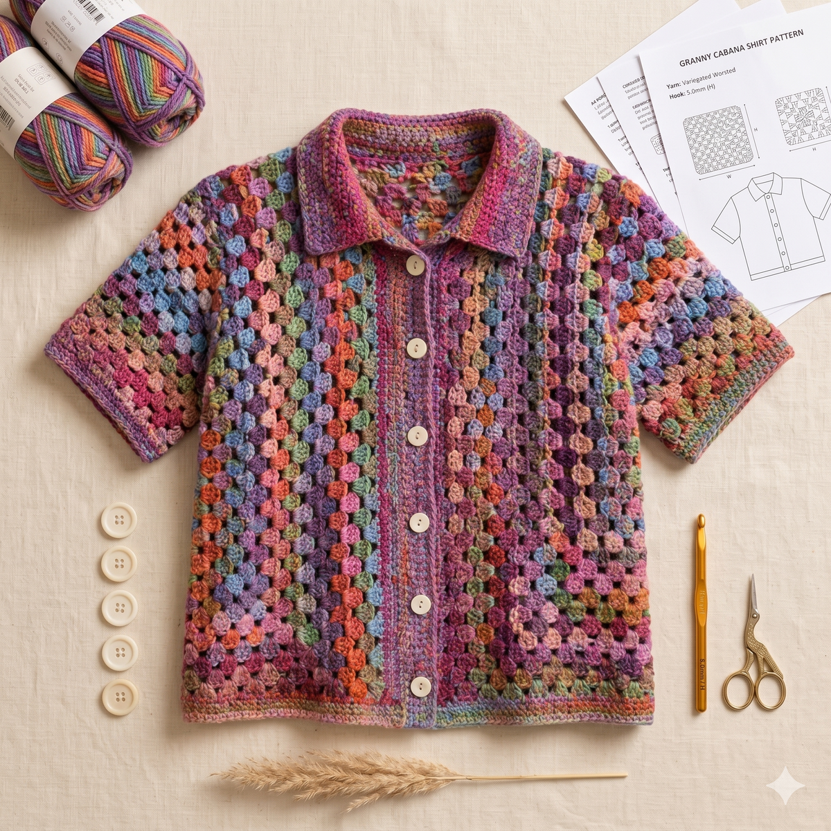 Crochet Granny Cabana Shirt Pattern, Colorful Button Up Crochet Top PDF, Boho Summer Cardigan Pattern, Granny Square Shirt