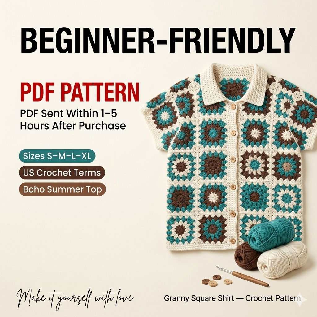 Granny Square Shirt Pattern PDF | Boho Summer Top, Easy DIY for Beginners, Handmade Clothing