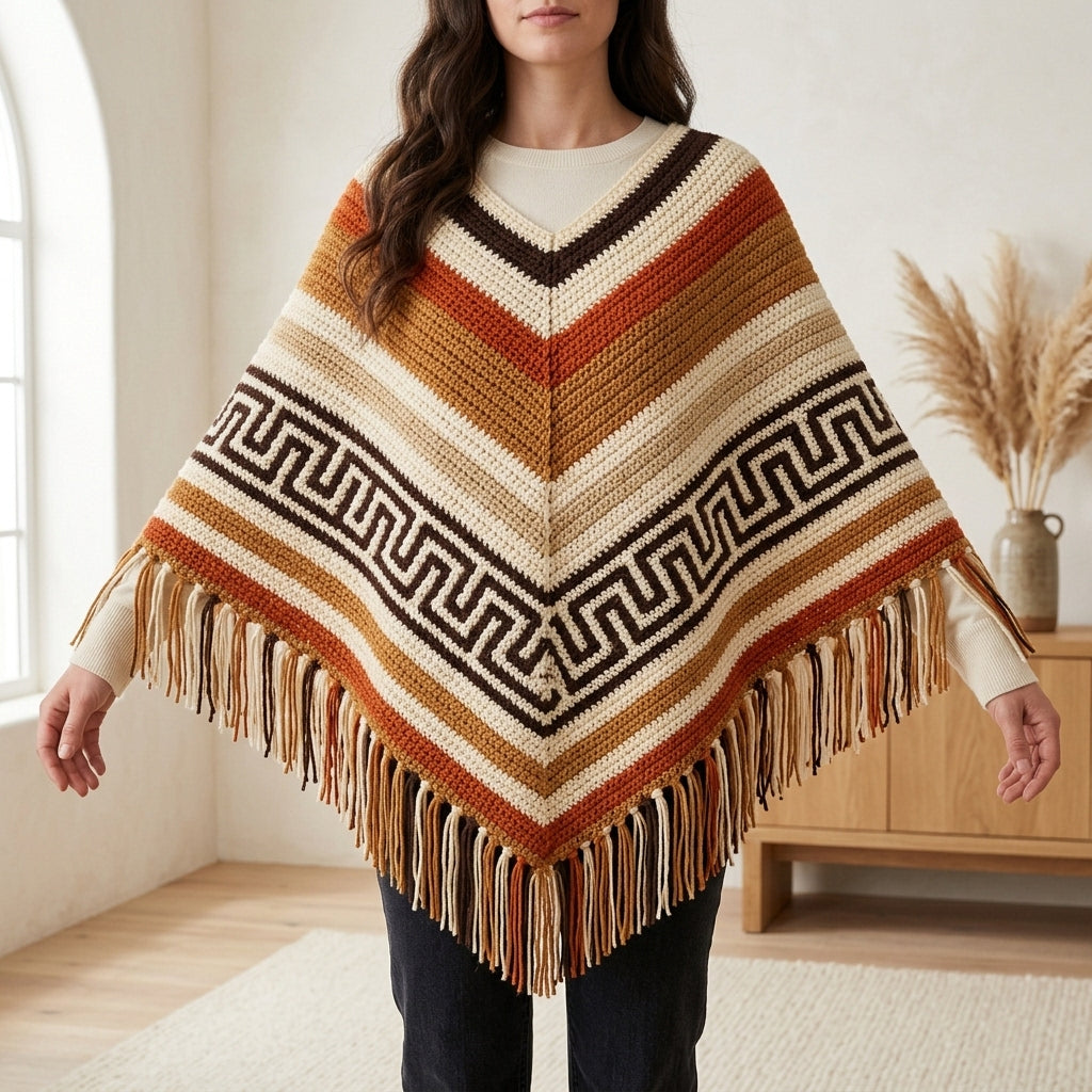 Greek Key Poncho Crochet Pattern PDF – Boho Fringe Poncho with Colourwork Band