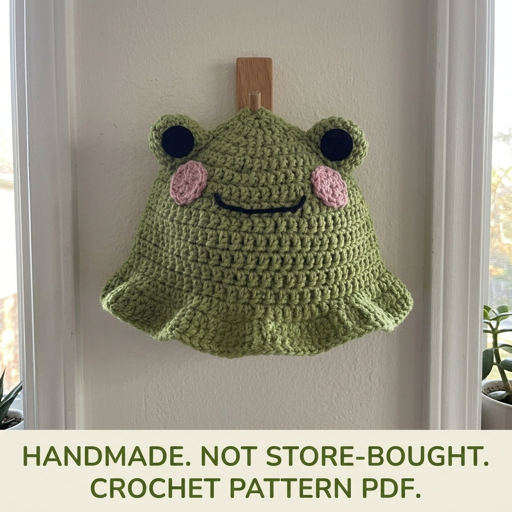 Frog Bucket Hat Crochet Pattern PDF – Cute Frog Face Hat with Ruffle Brim