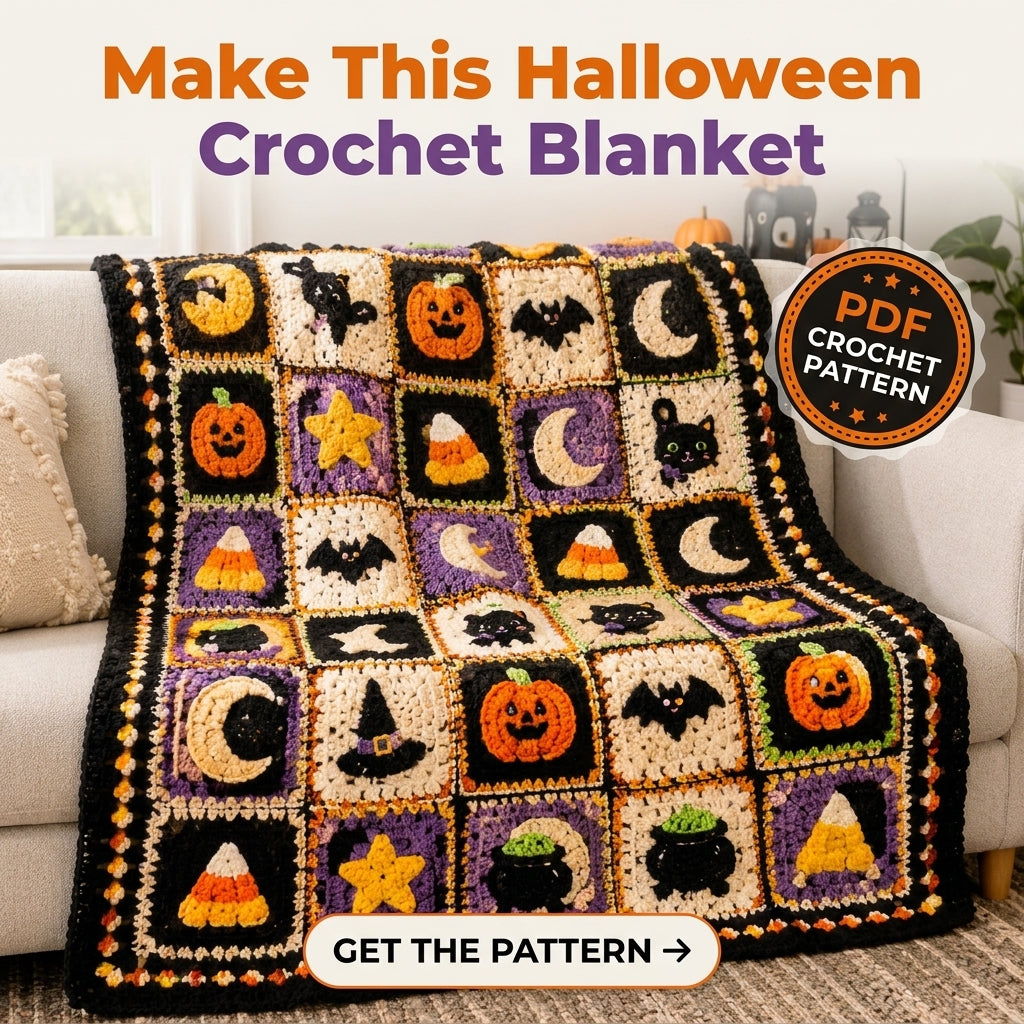 Halloween Sampler Granny Square Blanket Crochet Pattern | 8 Motif Squares in One PDF | Pumpkin, Bat, Black Cat, Candy Corn & More | Instant Download
