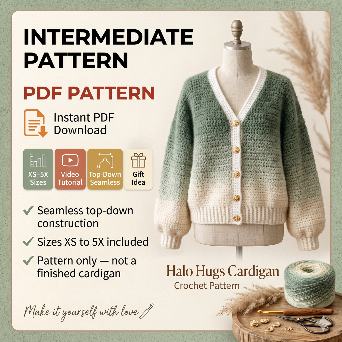 CROCHET PATTERN & VIDEO/ Halo Hugs Cardigan, Crochet Cardigan Pattern, Top-Down Cardigan, Seamless Cardigan, Xs-5X, Easy Cardigan, Pdf