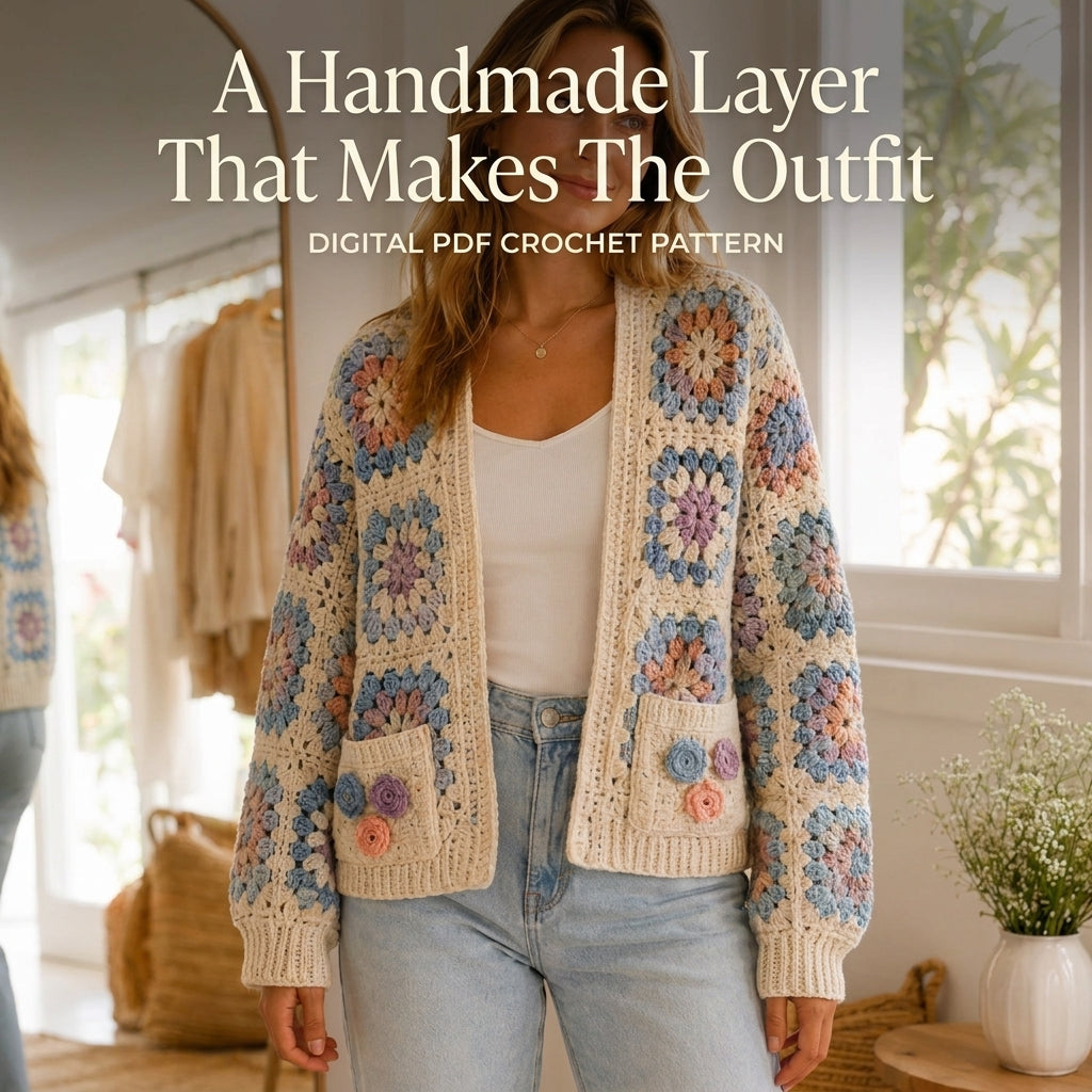 Granny Square Cardigan Crochet Pattern — Cream Boho Cardigan with Pockets and 3D Flowers, Sizes XS–3XL, US Terms, PDF Download
