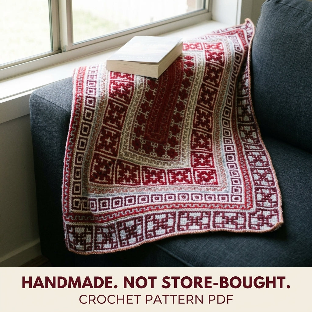 Red Rug Mosaic Blanket Crochet Pattern PDF – Mosaic in the Round Rug Style Throw