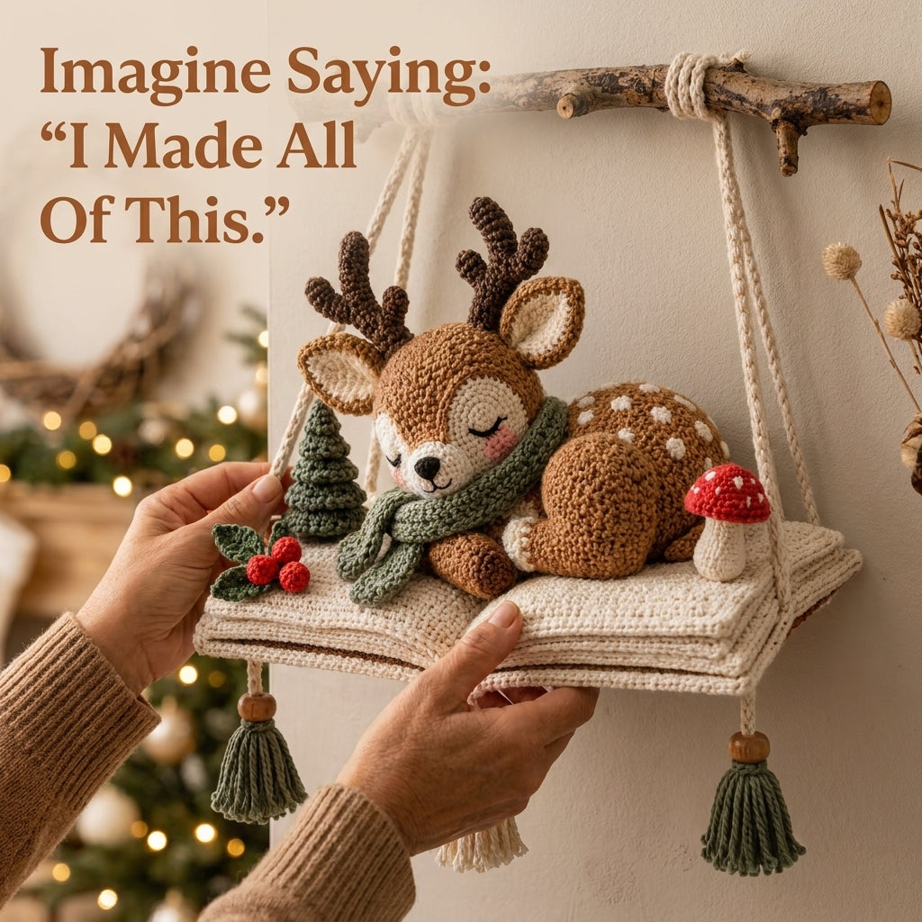 Christmas Wall Hanging Crochet Pattern — Sleeping Deer Scene on an Open Book with Tassels, US Terms, PDF Download