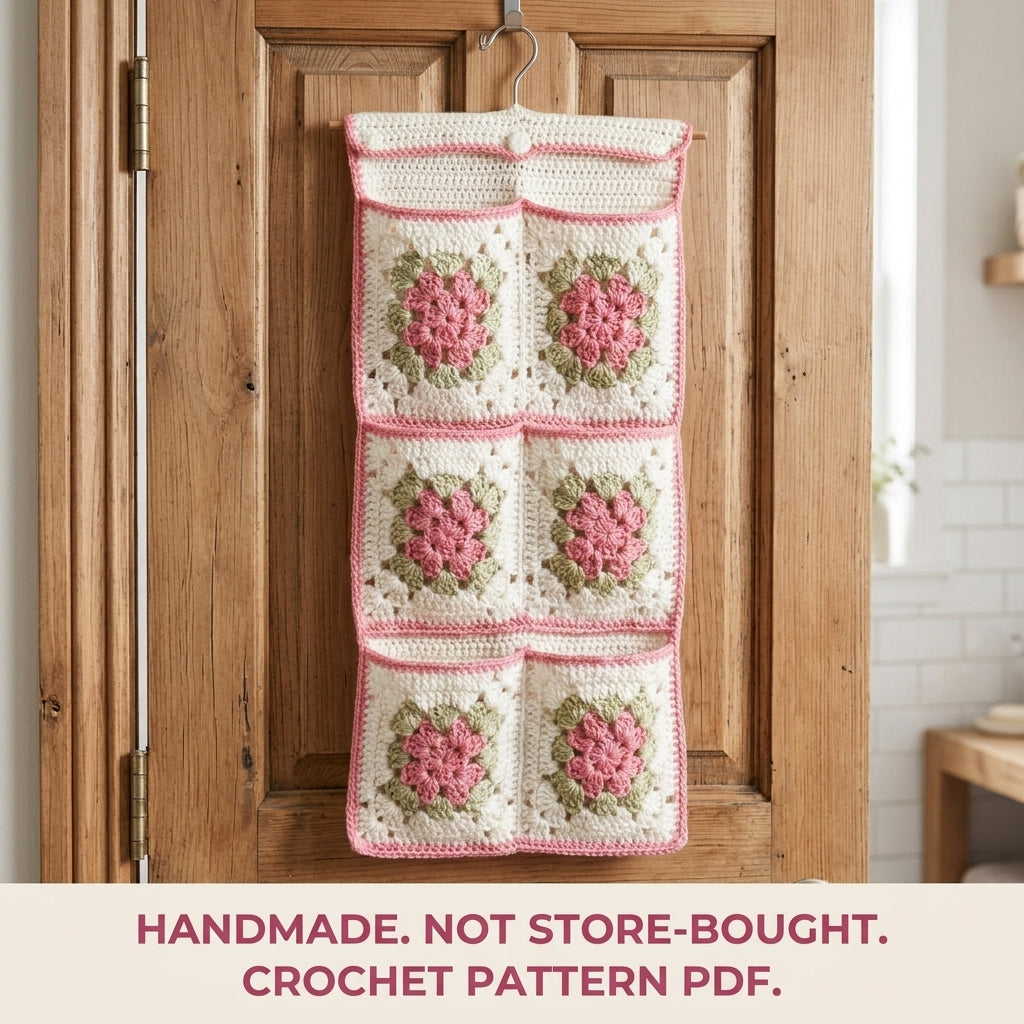 Rose Granny Door Organizer Crochet Pattern PDF – Hanging Bathroom Storage