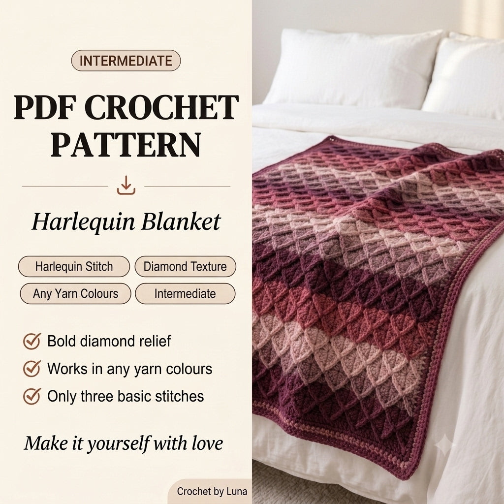 Harlequin Stitch Crochet Blanket Pattern PDF – Textured Diamond Throw in Plum and Rose