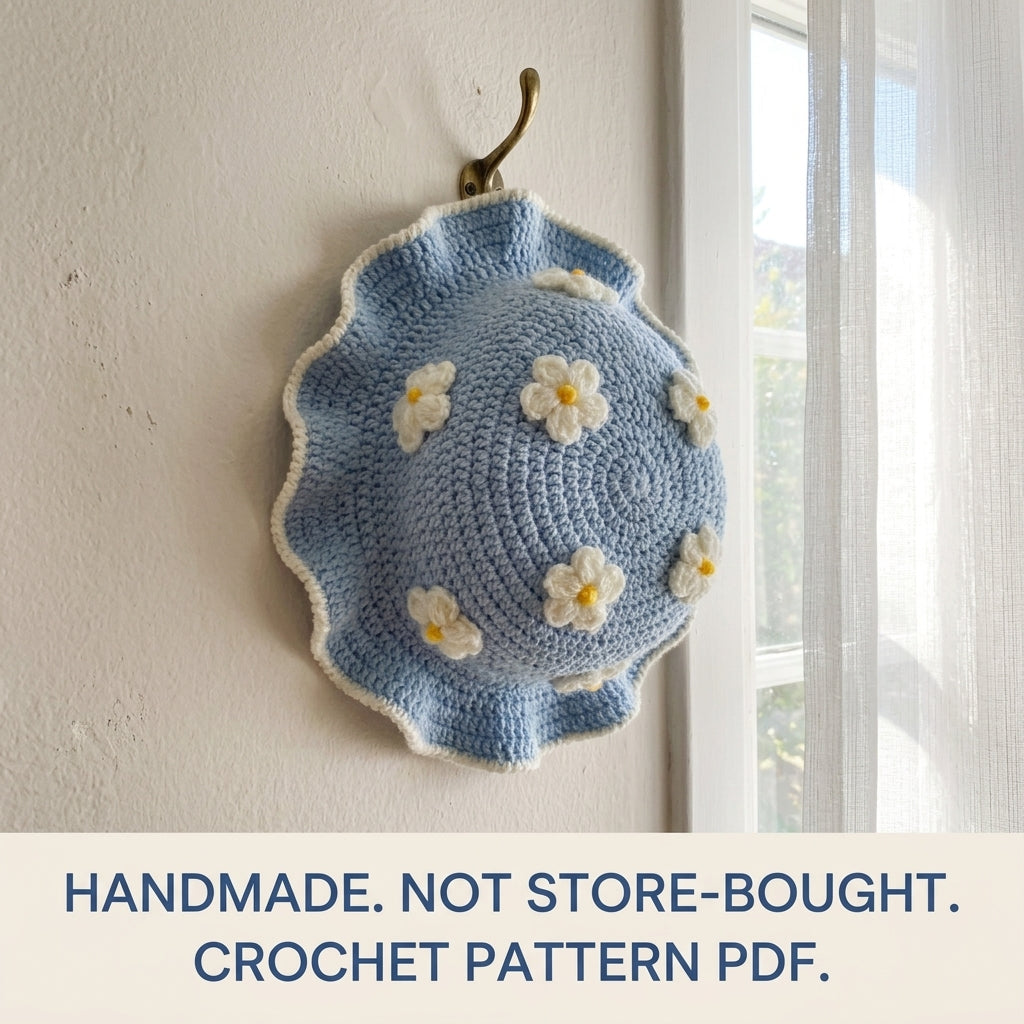 Blue Flower Ruffle Baby Hat Crochet Pattern PDF – Baby Sun Hat with Puff Flowers