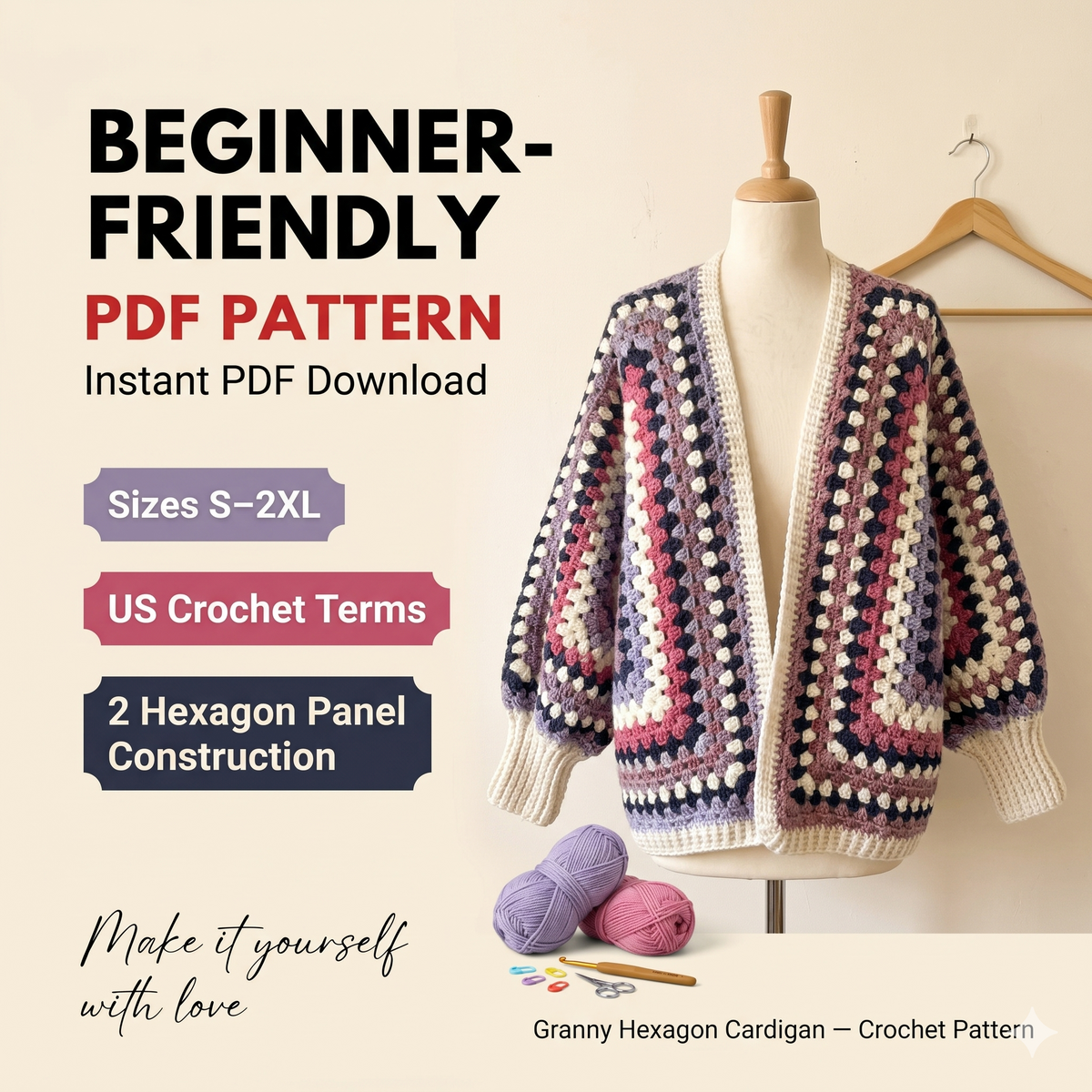 Hexagon Granny Square Cardigan Crochet Pattern PDF, Boho Oversized Cardigan Pattern, Beginner Friendly, US Terms, Instant Download