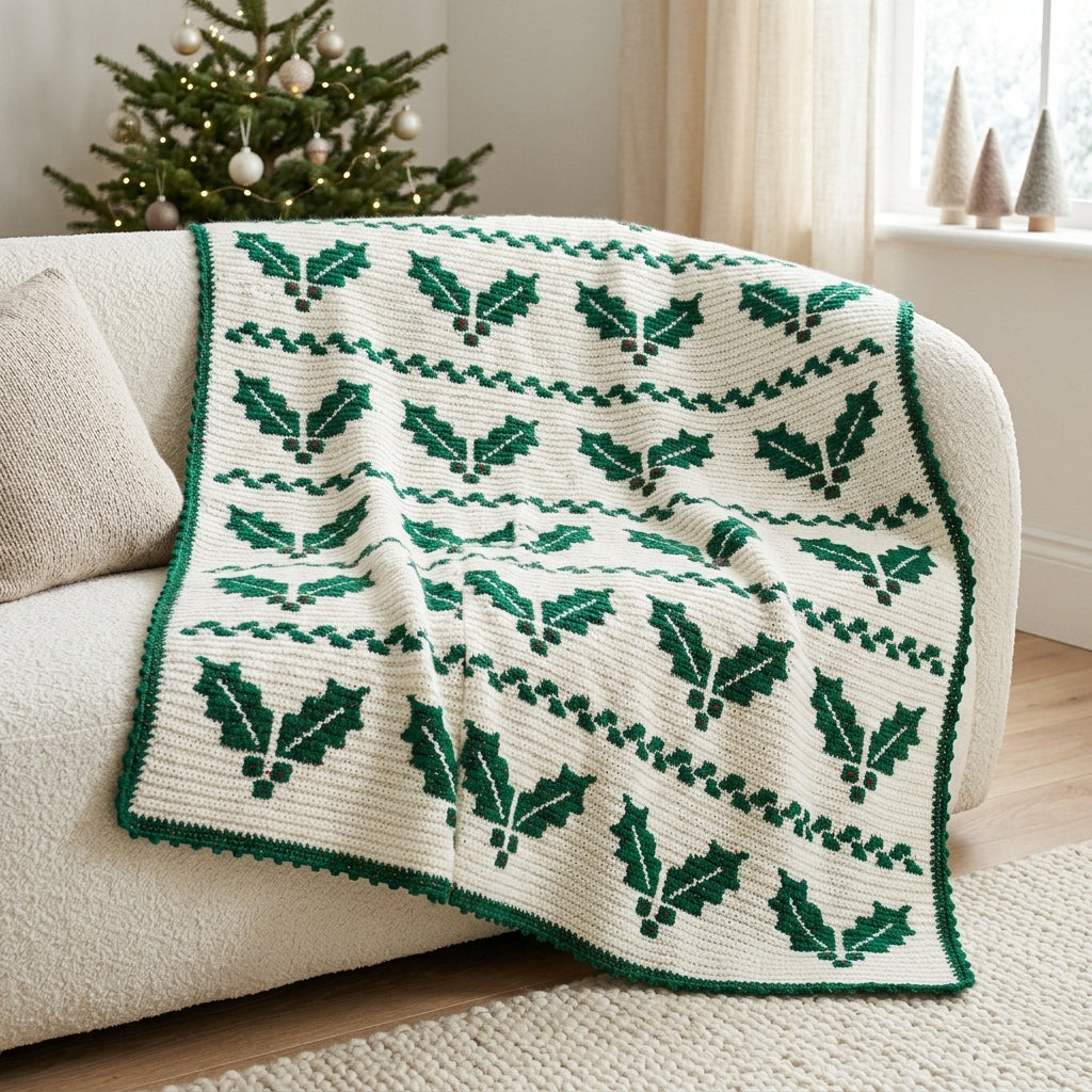 Holly Crochet Blanket Pattern PDF – Christmas Tapestry Crochet Throw in Green and White
