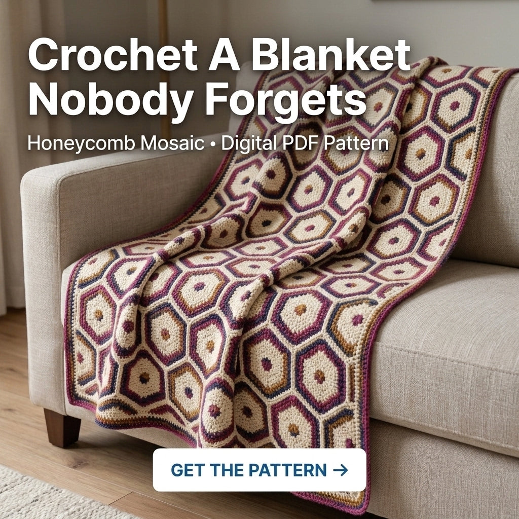 Honeycomb Crochet Blanket Pattern PDF – Hexagon Mosaic Throw in Plum, Mustard and Navy