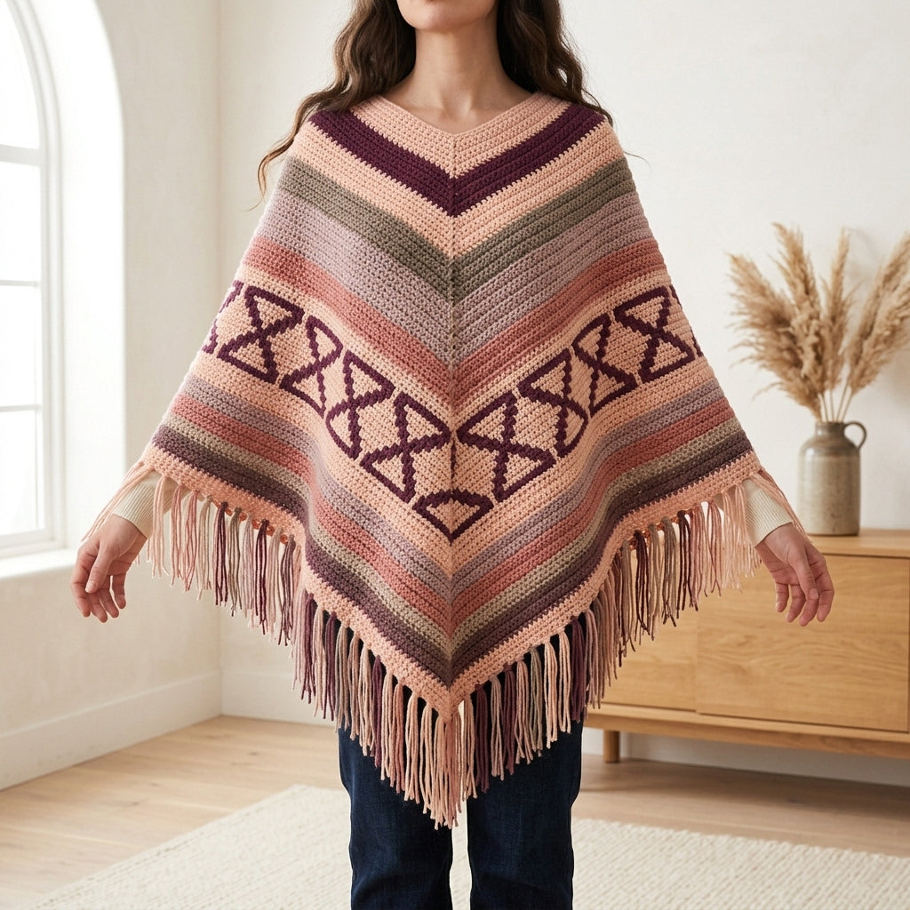 Hourglass Rose Poncho Crochet Pattern PDF – Boho Fringe Poncho with Colourwork Band