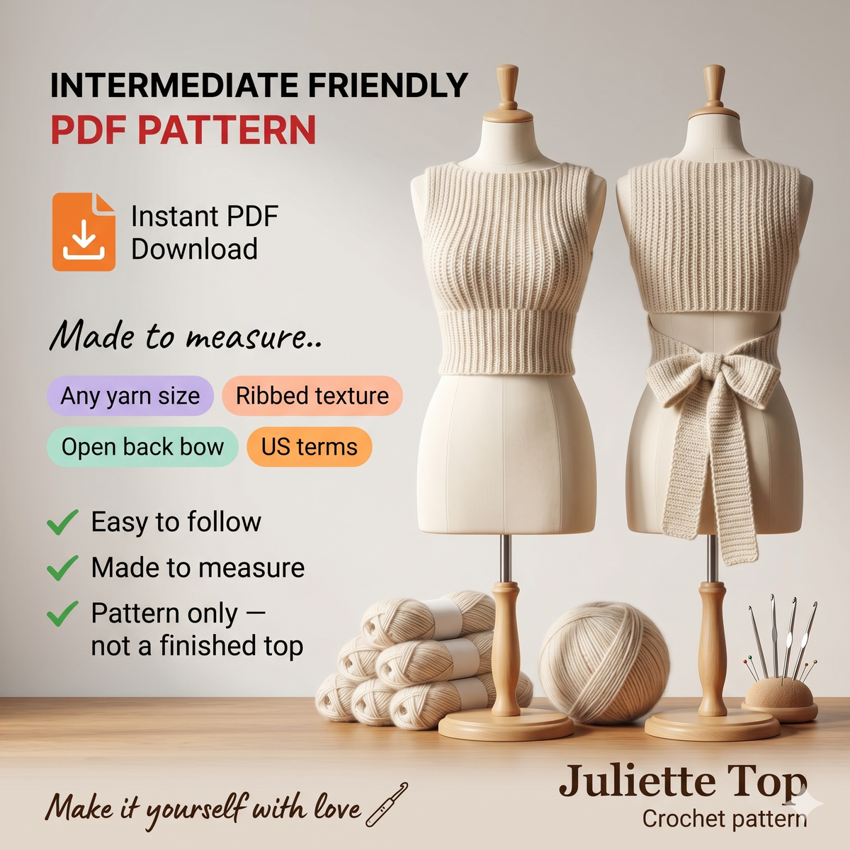 PDF crochet pattern - Juliette Top | Made to measure | Intermediate friendly |