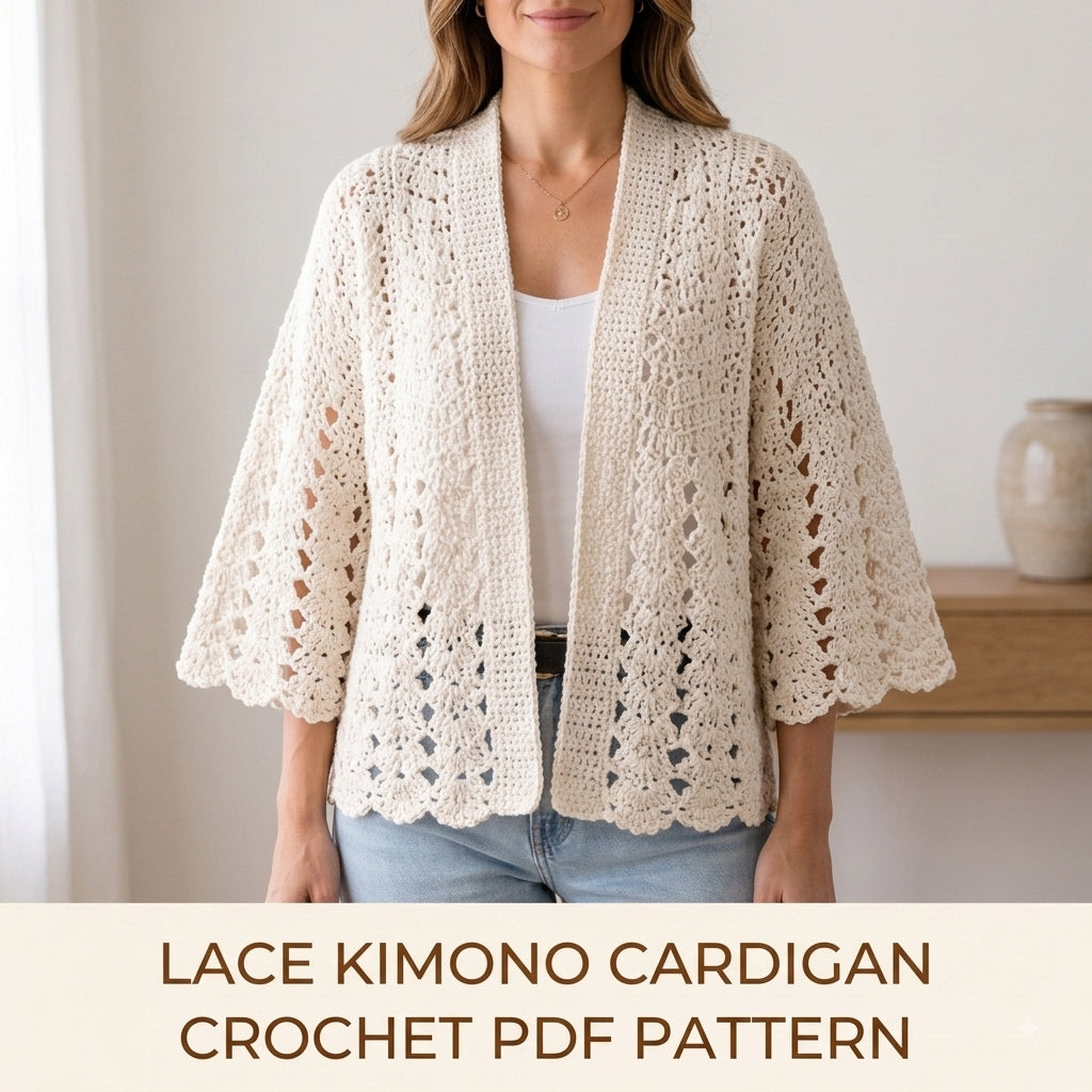 Lace Kimono Cardigan Crochet Pattern PDF – Fan Lace Cardigan with Wide Sleeves