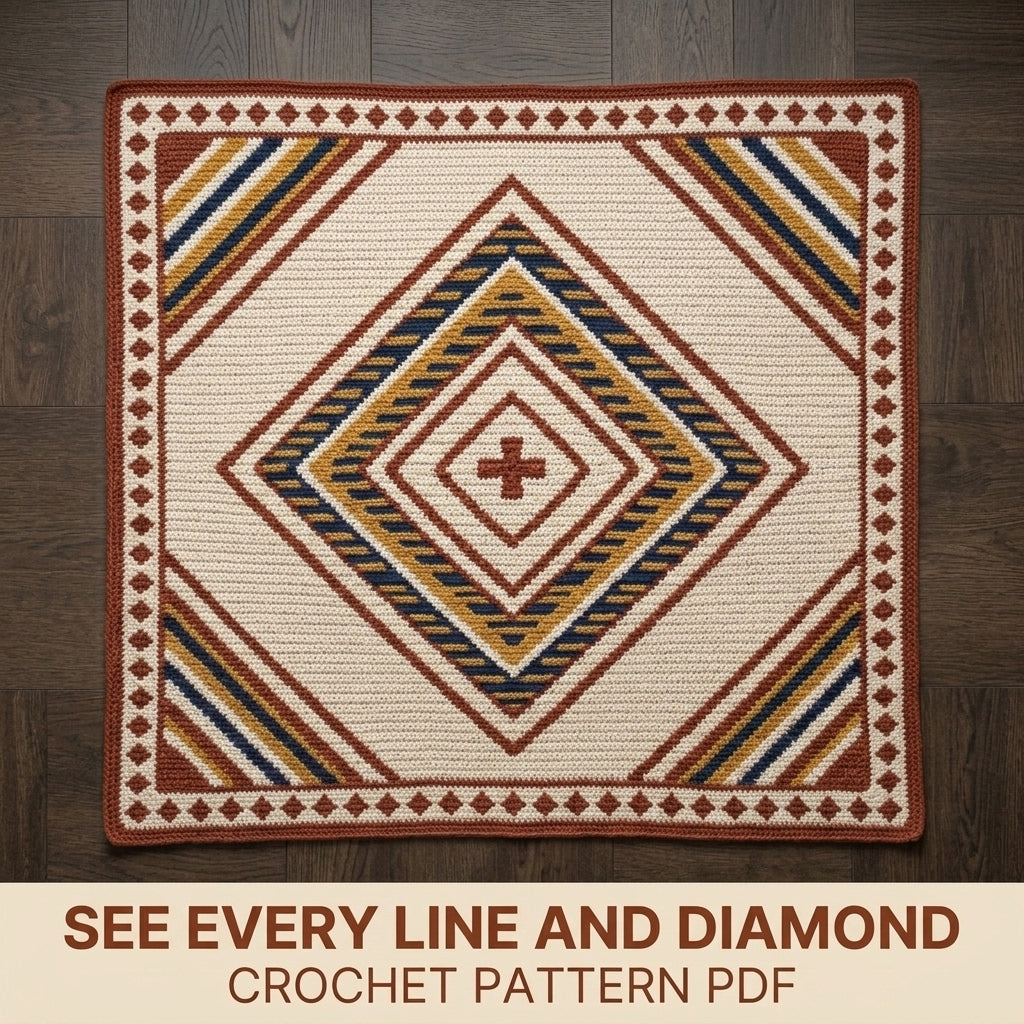 Diamond Tapestry Crochet Blanket Pattern PDF – Geometric Throw in Rust, Mustard and Navy