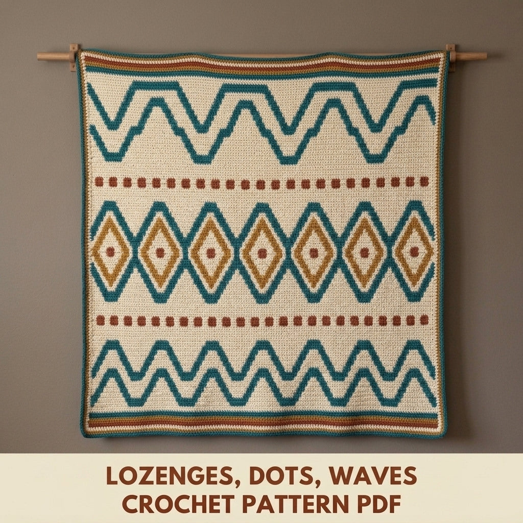 Lozenge Tapestry Crochet Wall Hanging Pattern PDF – Waves and Diamonds in Teal, Mustard and Rust