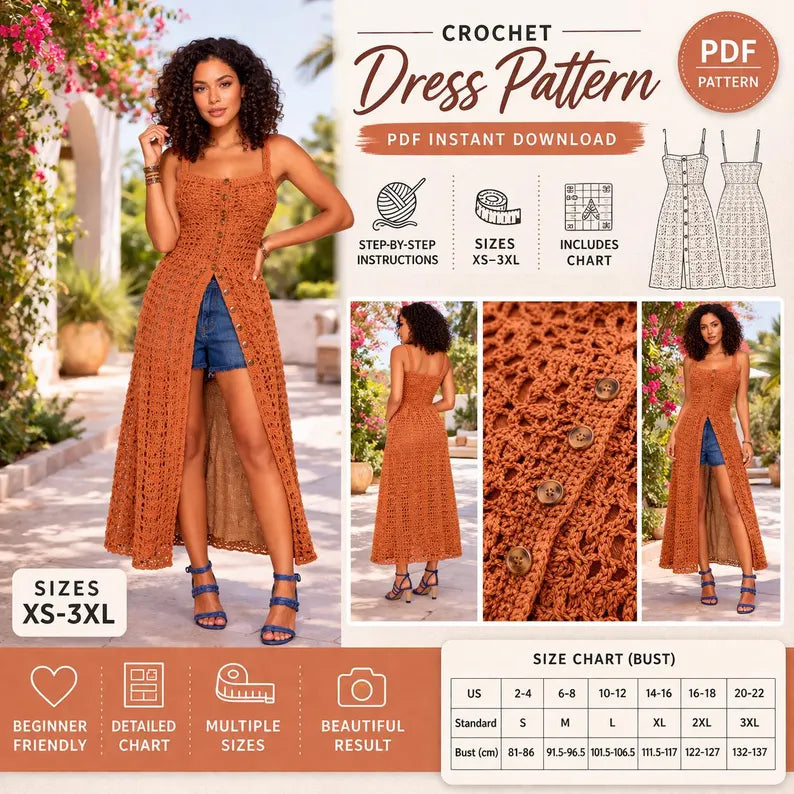 Crochet Dress Pattern, Summer Boho Lace Button-Front (PDF Download)
