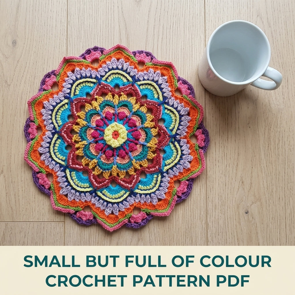 Rainbow Mandala Crochet Pattern PDF – Colourful Round Doily for Yarn Scraps