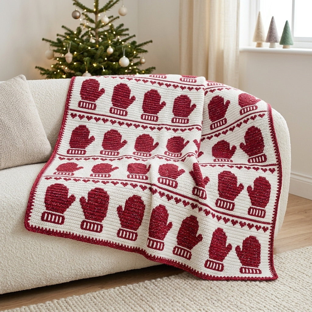 Mitten Crochet Blanket Pattern PDF – Christmas Tapestry Crochet Throw in Red and White