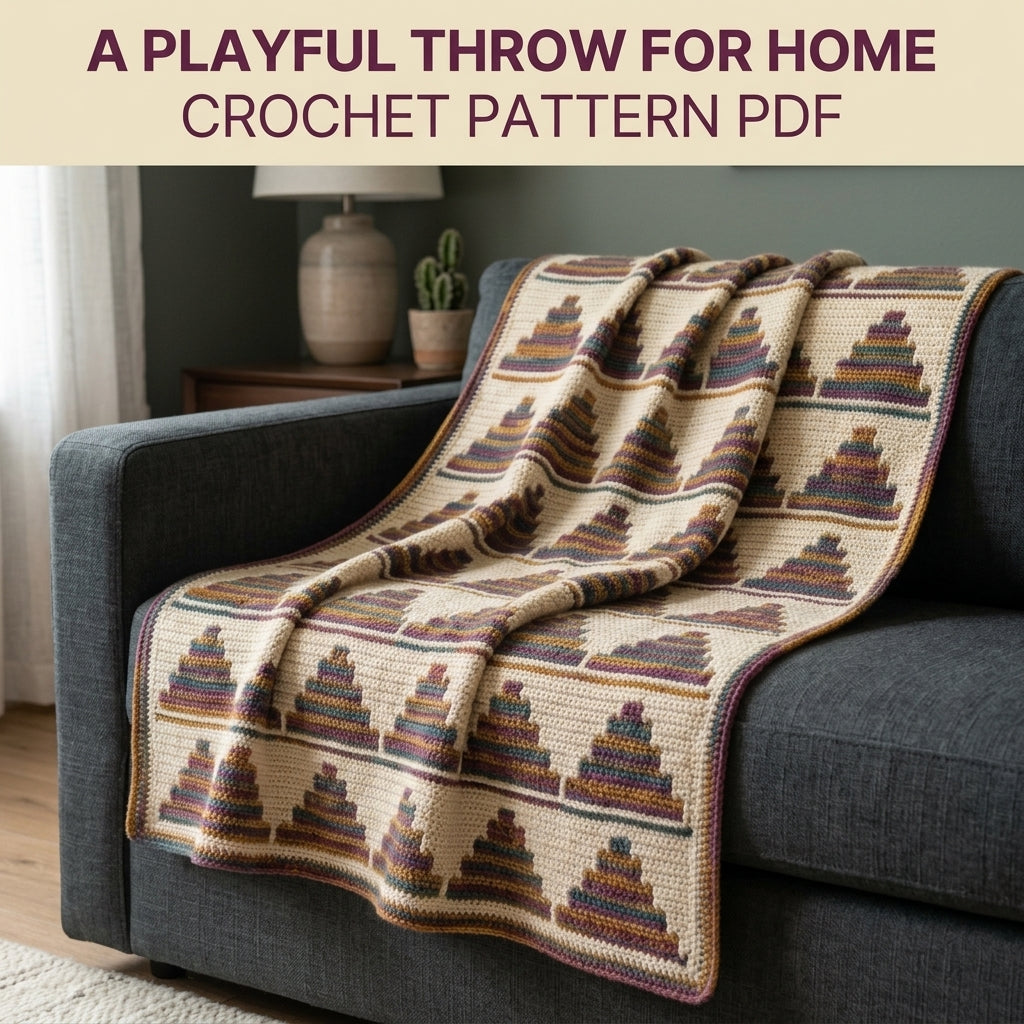 Stepped Pyramid Mosaic Crochet Blanket Pattern PDF – Striped Triangle Throw in Plum, Mustard and Teal