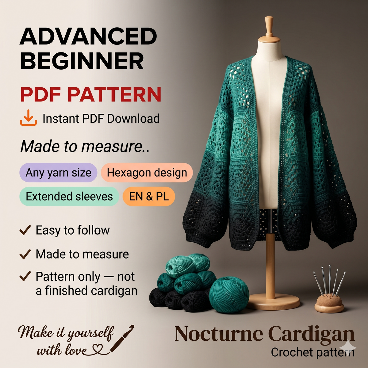 Nocturne Hexagon Cardigan Crochet Pattern: Goth Witch Cottagecore (PDF Pattern)