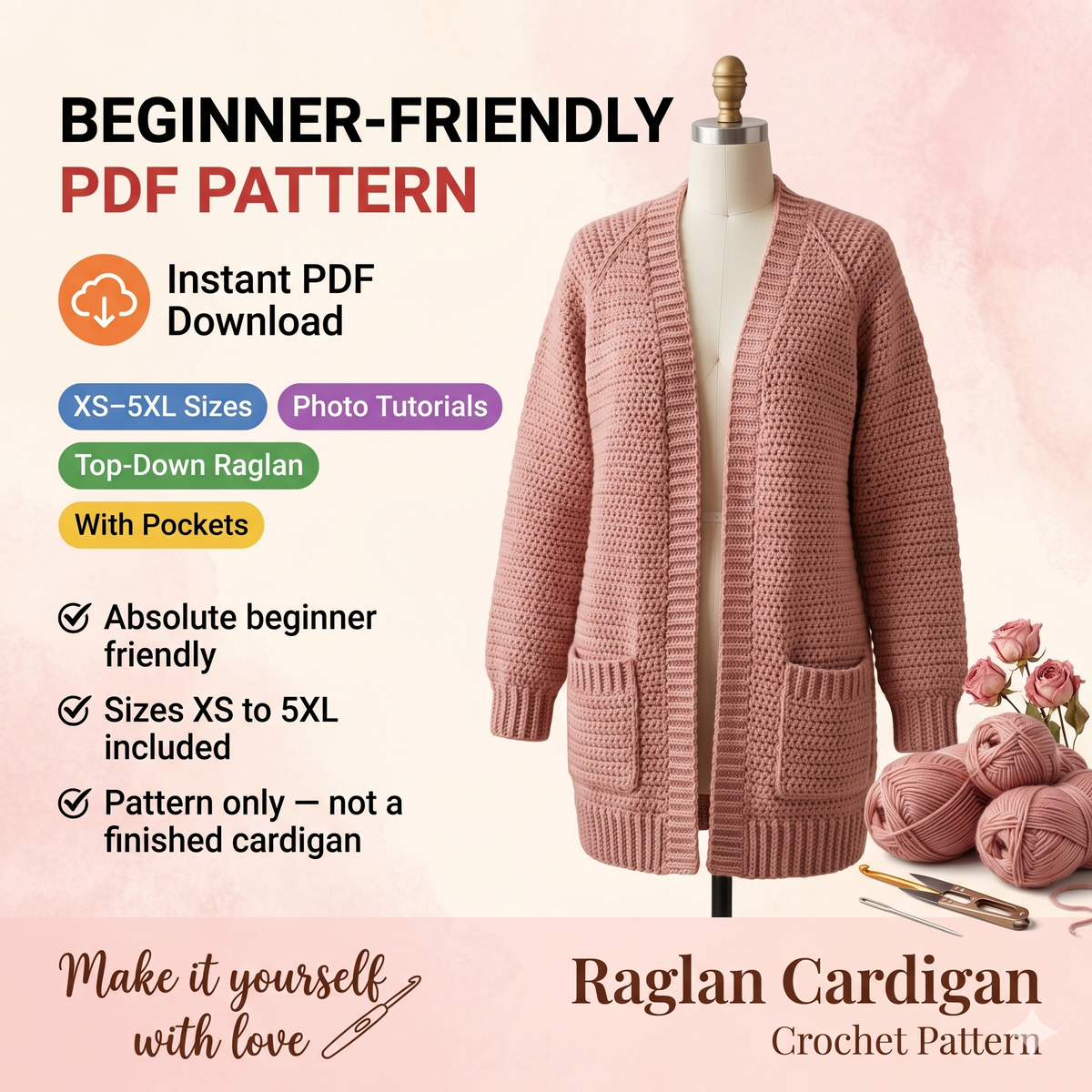 Beginner Crochet Cardigan Pattern PDF | Easy Oversized Raglan Cardigan | Step-by-Step Tutorial | XS–5XL