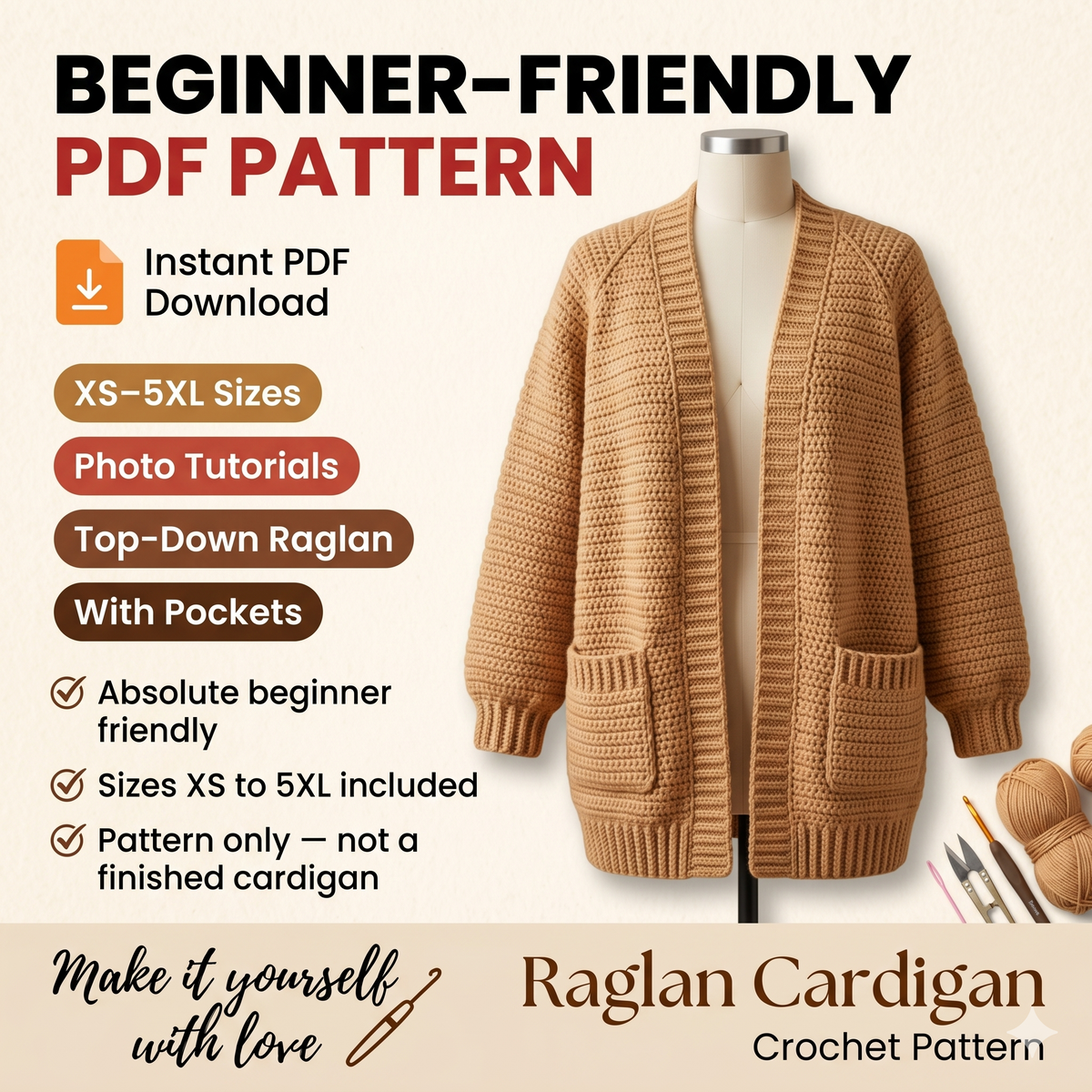 Beginner Crochet Cardigan Pattern PDF | Easy Oversized Raglan Cardigan | Step-by-Step Tutorial | XS–5XL