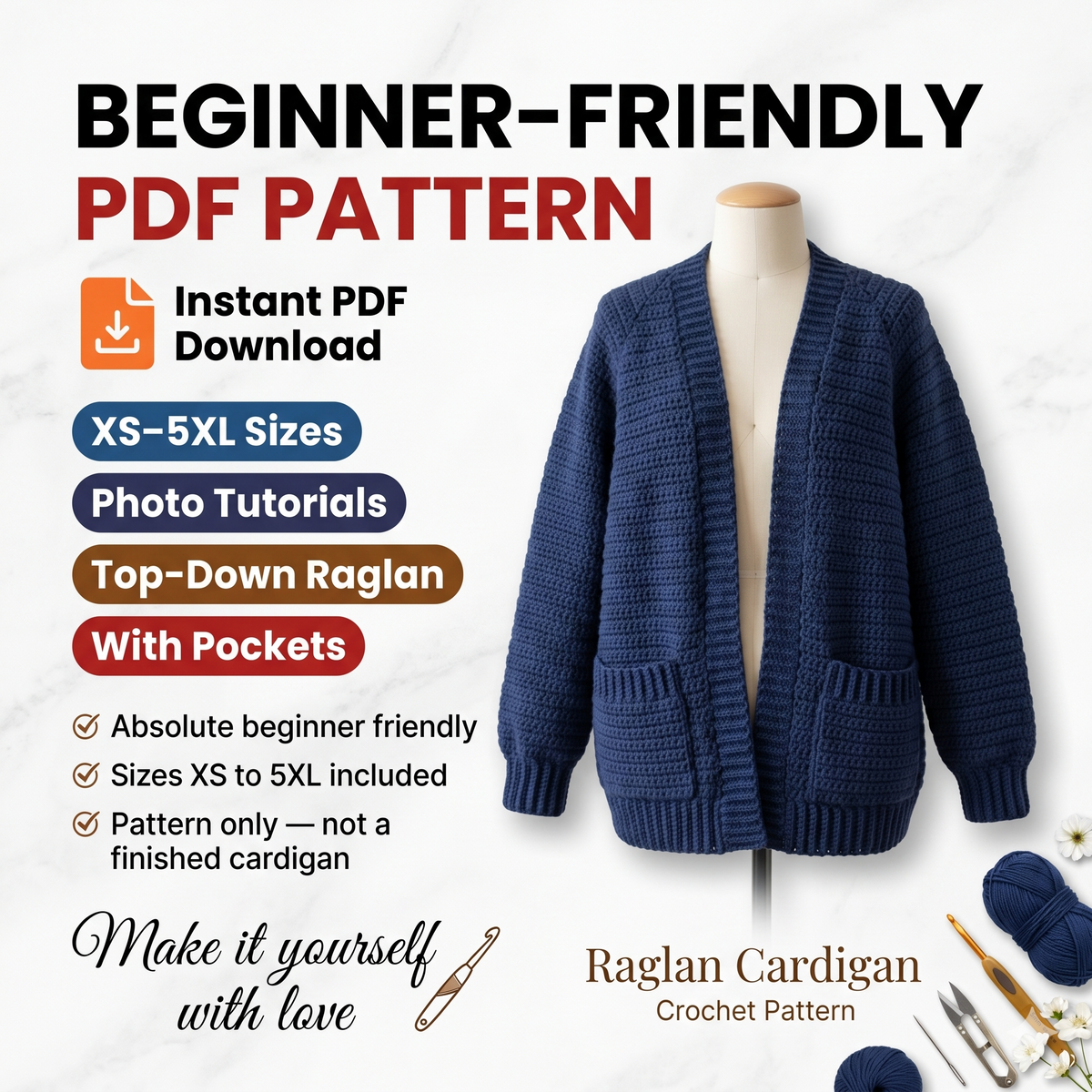 Beginner Crochet Cardigan Pattern PDF | Easy Oversized Raglan Cardigan | Step-by-Step Tutorial | XS–5XL